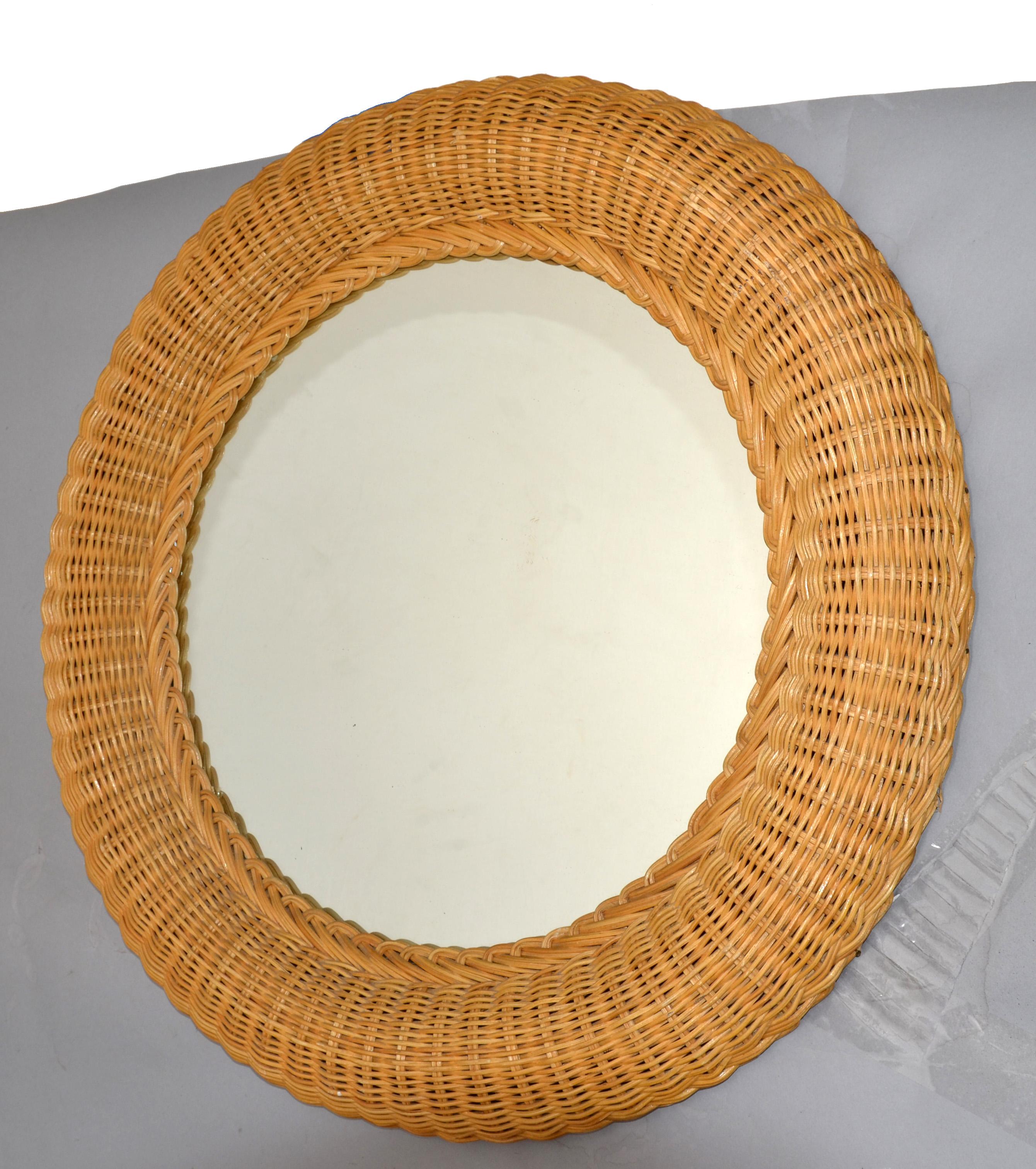 Hand-Woven Round French Coastal Handwoven Pencil Reed & Wicker Wall Mirror Bohemian Chic For Sale