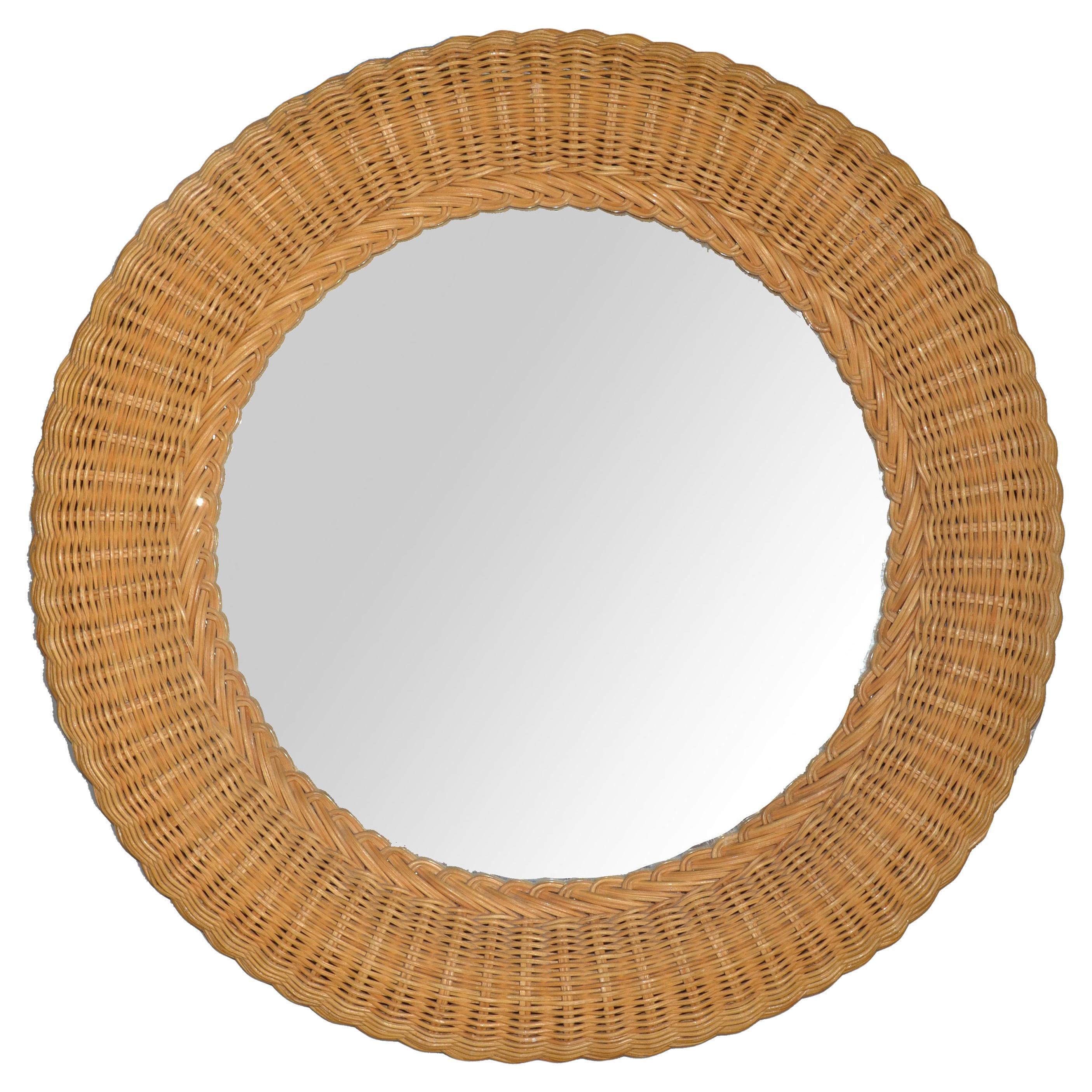 Round French Coastal Handwoven Pencil Reed & Wicker Wall Mirror Bohemian Chic