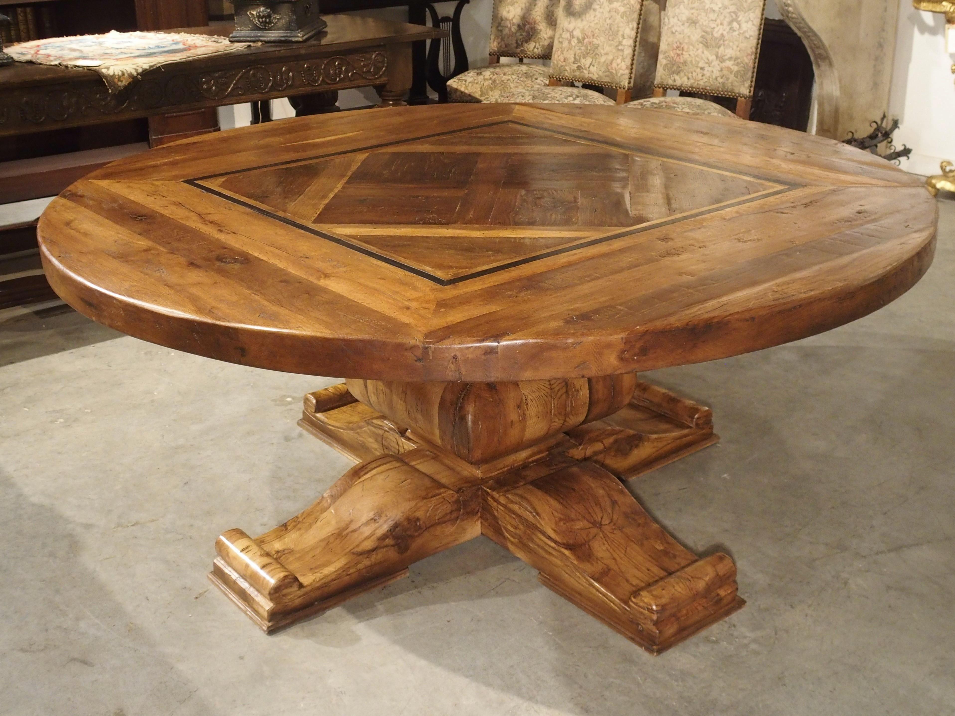Hand-Carved Round French Oak Parquet Dining Table with Central Baluster Base