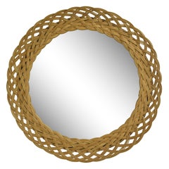 Round French Rattan Wicker Mirror, 1960s, Sunburst