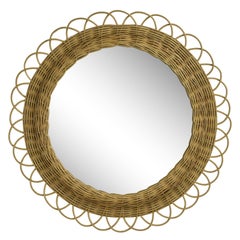 Round French Rattan Wicker Mirror 1960s Sunburst