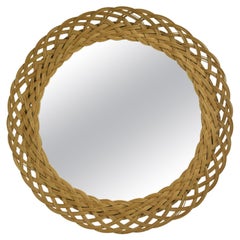 Round French Rattan Wicker Mirror, 1960s, Sunburst