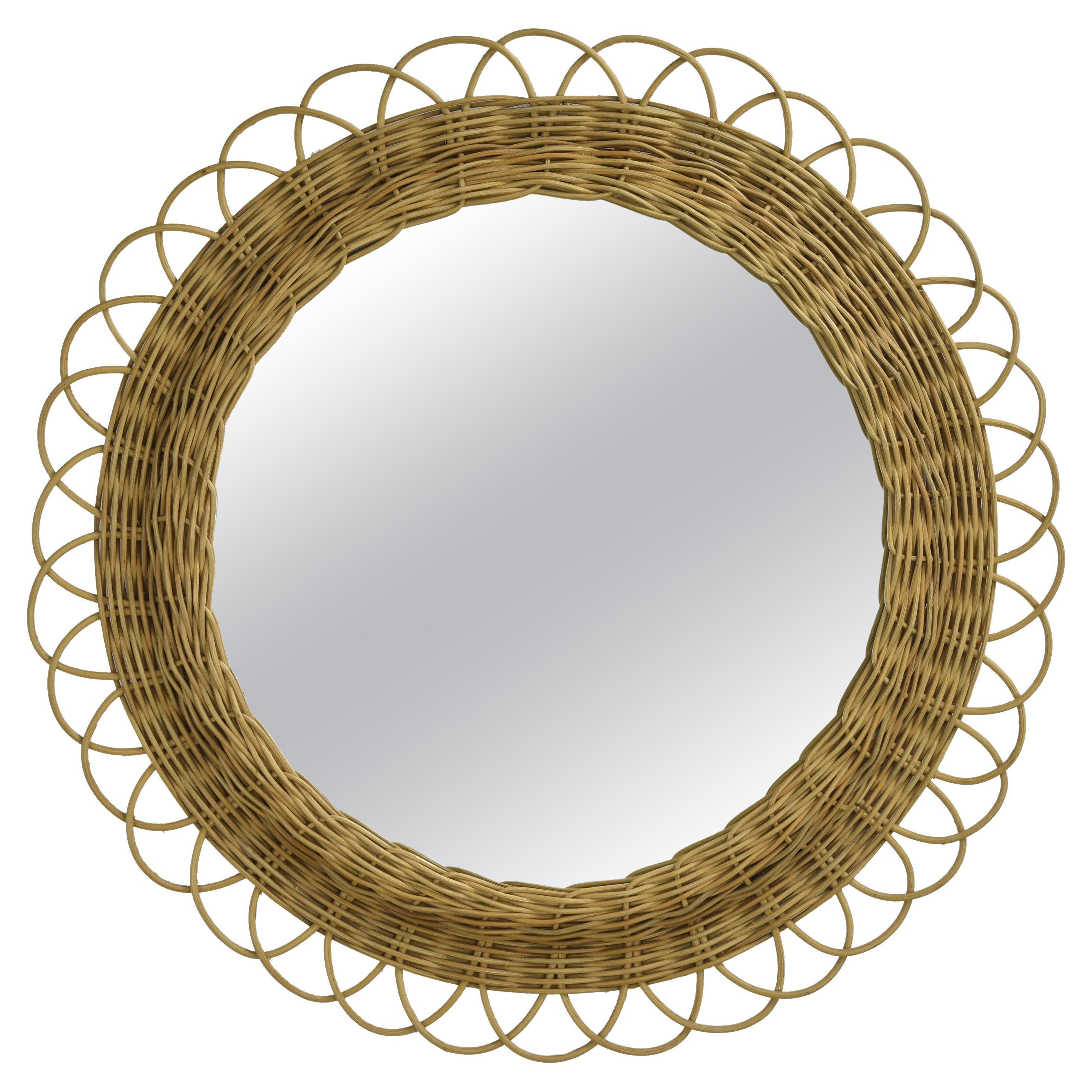 Round French Rattan Wicker Mirror 1960s Sunburst