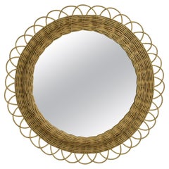 Round French Rattan Wicker Mirror 1960s Sunburst