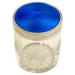 Caja de mesa redonda francesa de plata azul oscuro con esmalte guilloché y cristal
