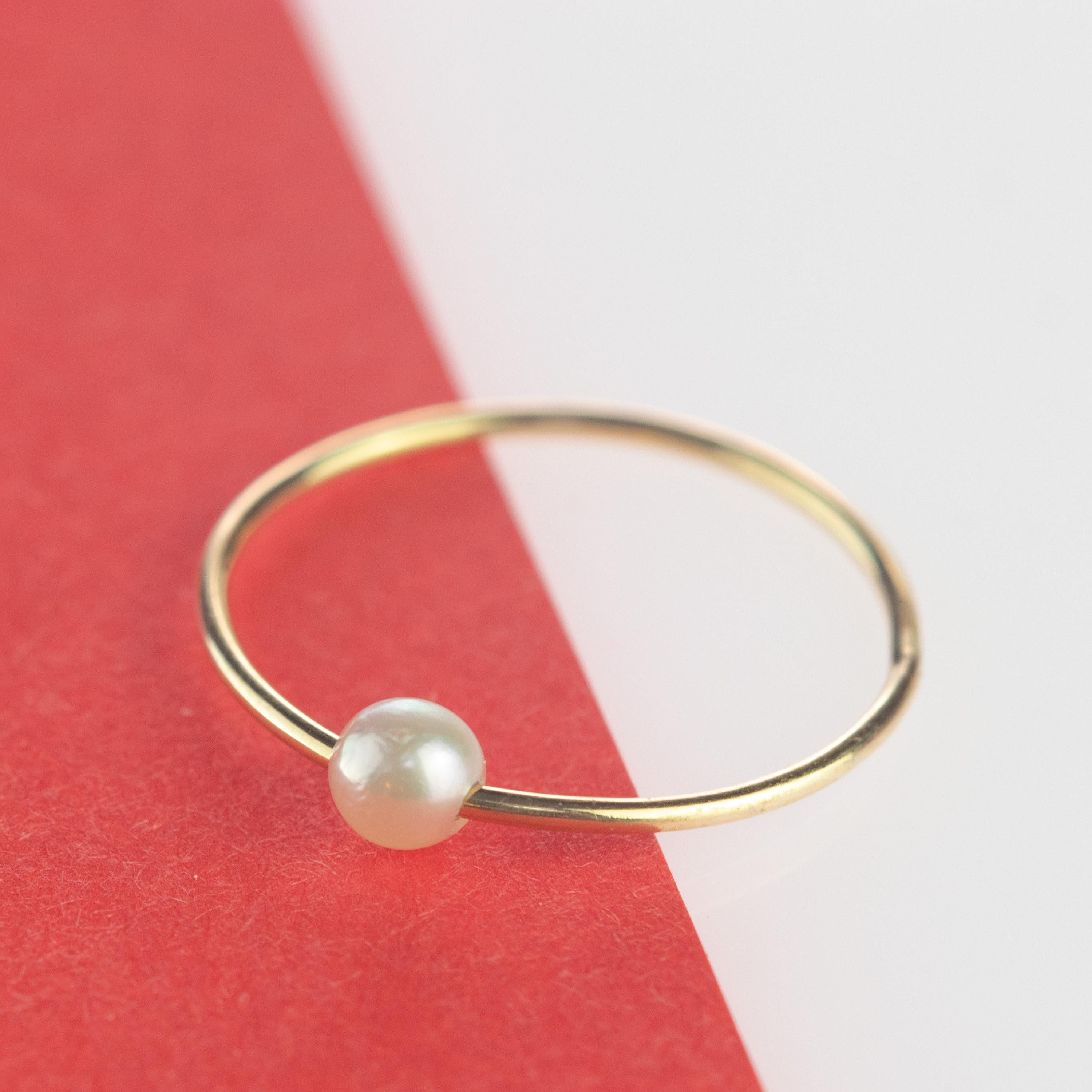 Modern Round Freshwater Pearl Solitaire 18 Karat Gold Moon Planet Boho Band Ring For Sale