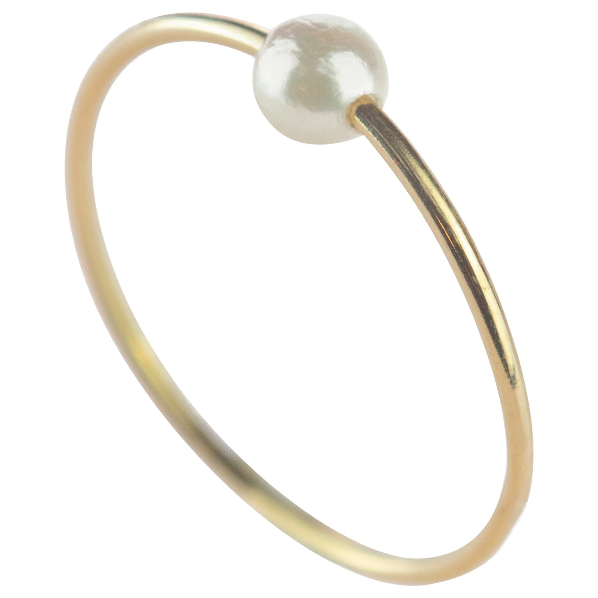 Round Freshwater Pearl Solitaire 18 Karat Gold Moon Planet Boho Band Ring For Sale