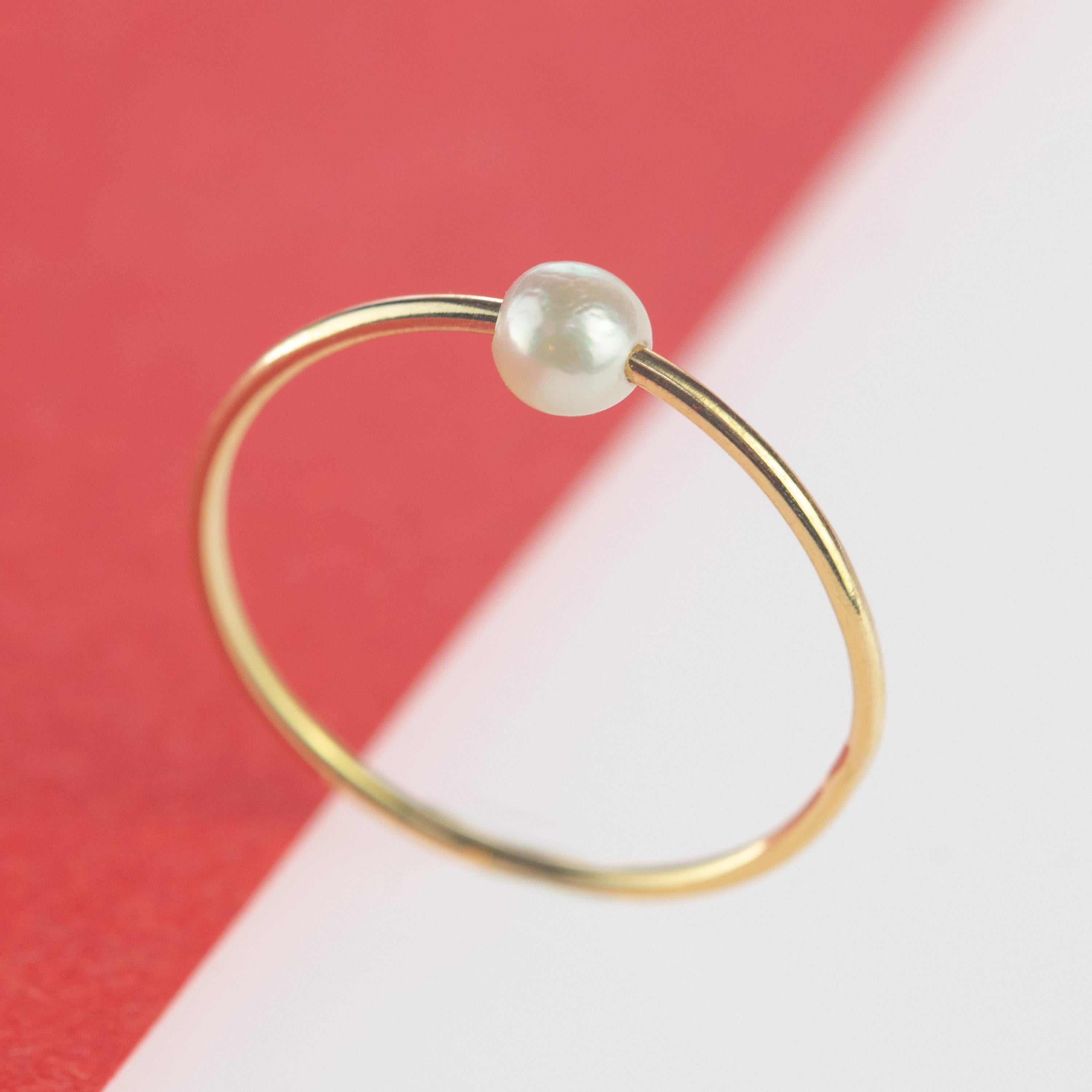 Modern Round Freshwater Pearl Solitaire 9 Karat Gold Moon Planet Boho Band Ring For Sale