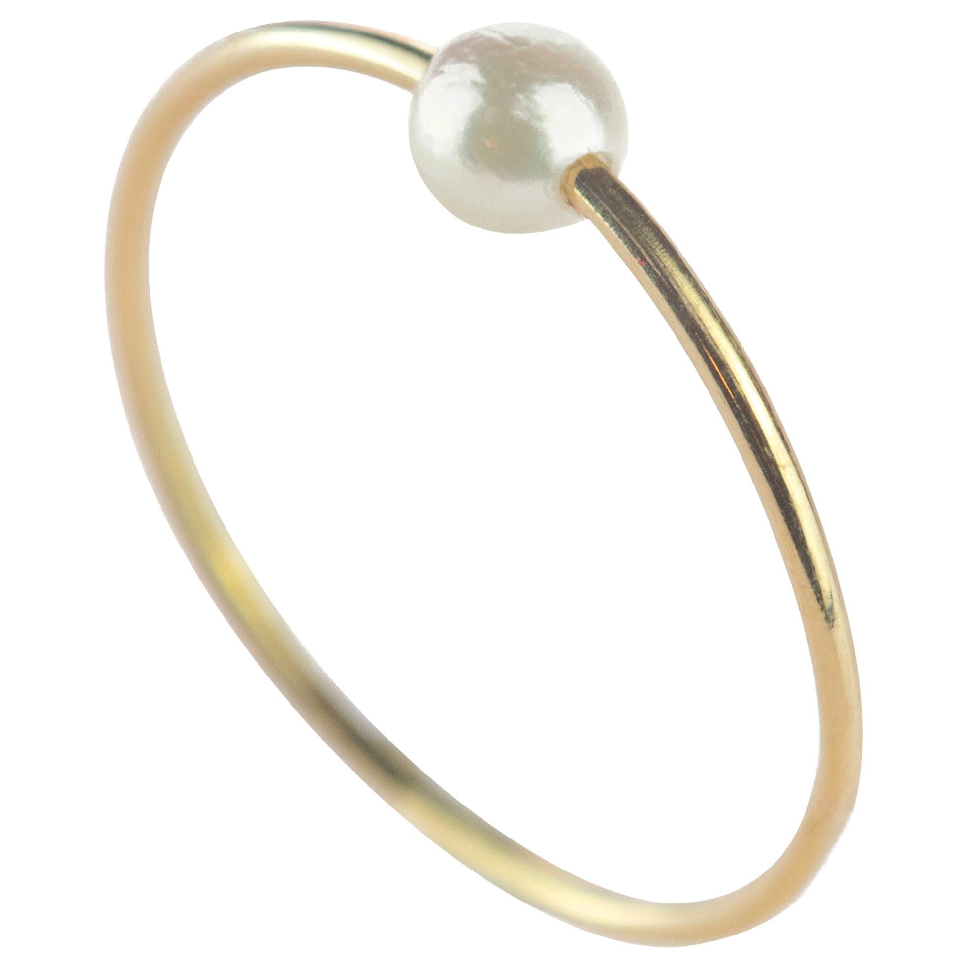 Round Freshwater Pearl Solitaire 9 Karat Gold Moon Planet Boho Band Ring For Sale