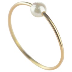 Round Freshwater Pearl Solitaire 9 Karat Gold Moon Planet Boho Band Ring