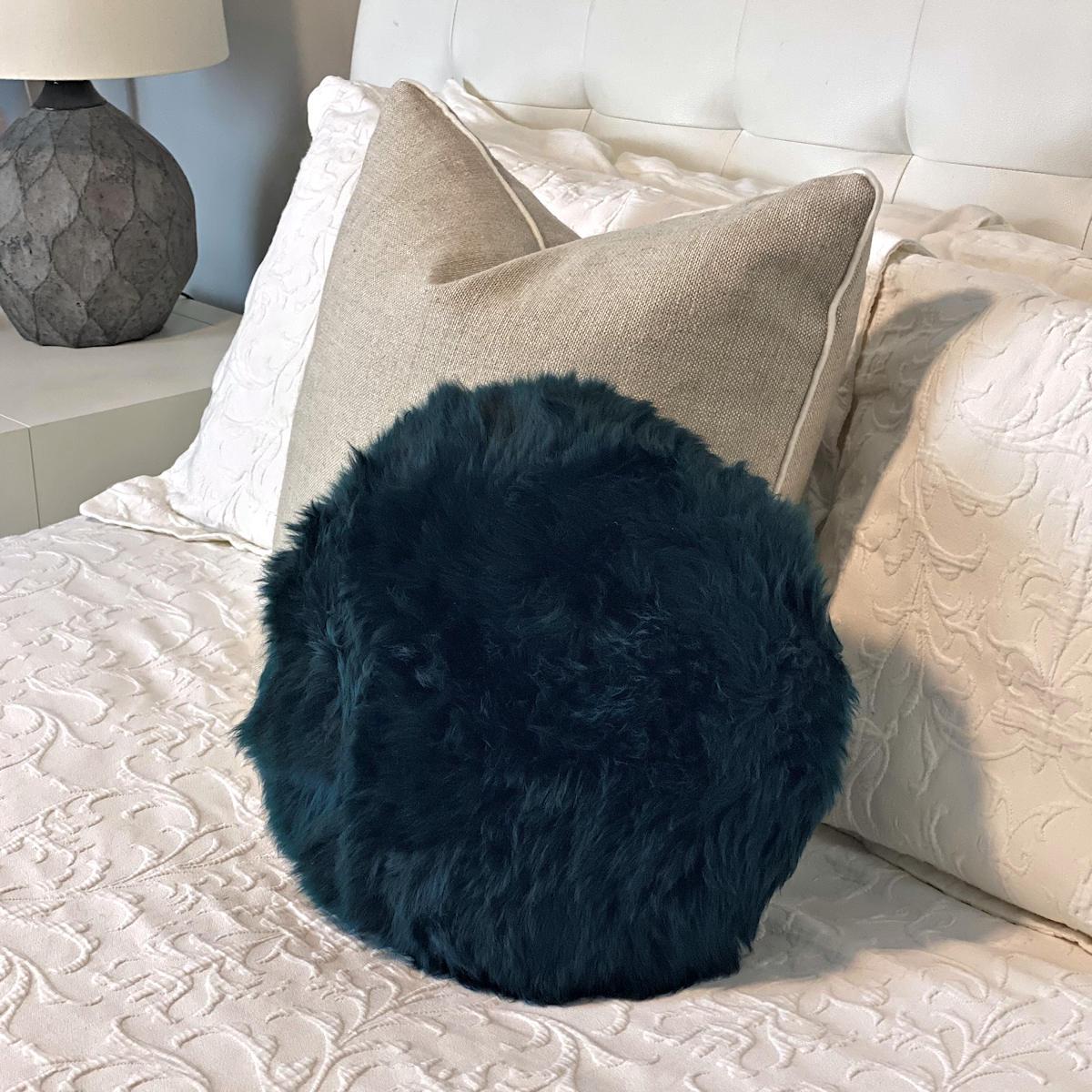 Hand-Crafted Round Fur Pillow Teal, Lambskin For Sale