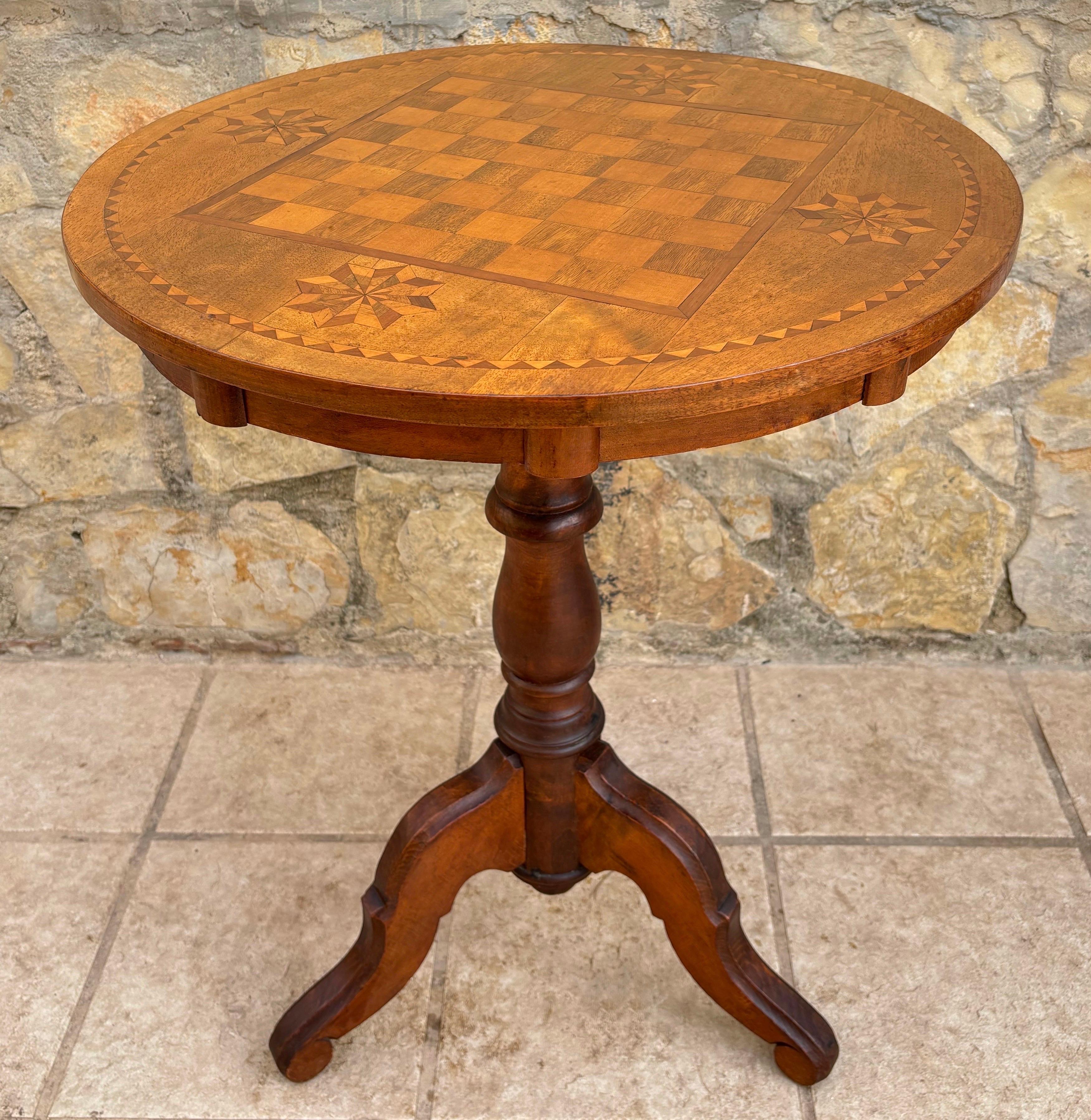 Spanish Round Game Table With Marquetry Top, 1940s For Sale