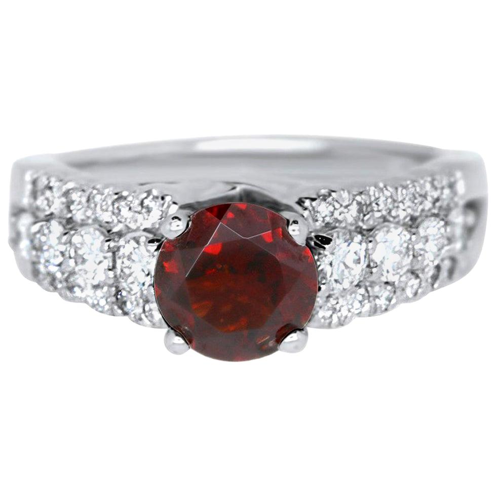 Round Garnet and White Diamond Engagement Ring