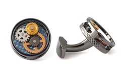 Round Gear Carbon Fibre Cufflinks In Gunmetal Plated