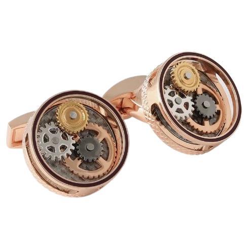 Round Gear Carbon Fibre Cufflinks with Rose Gold Finish For Sale