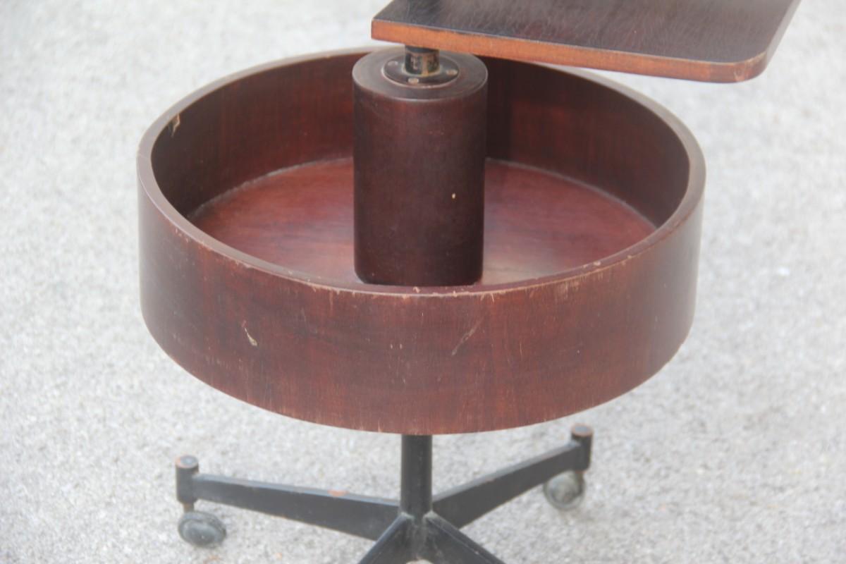 Italian Round Geometric Bar Table Revolving Iron Rosewood Laminate, 1950s For Sale
