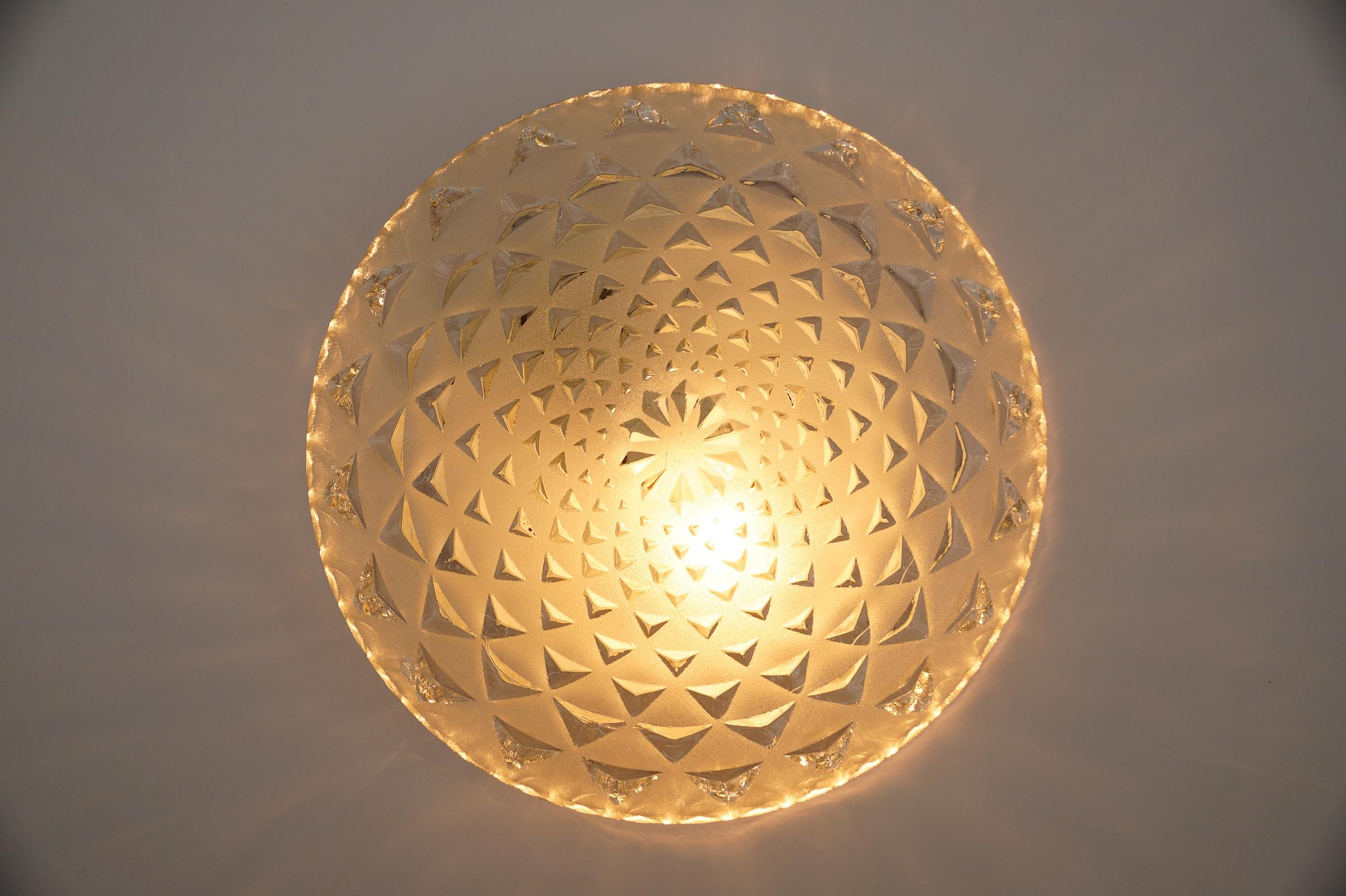 Mid-Century Modern Round Geometric Satin Glass Flush Mount Light or Wall Lamp, 1960s For Sale