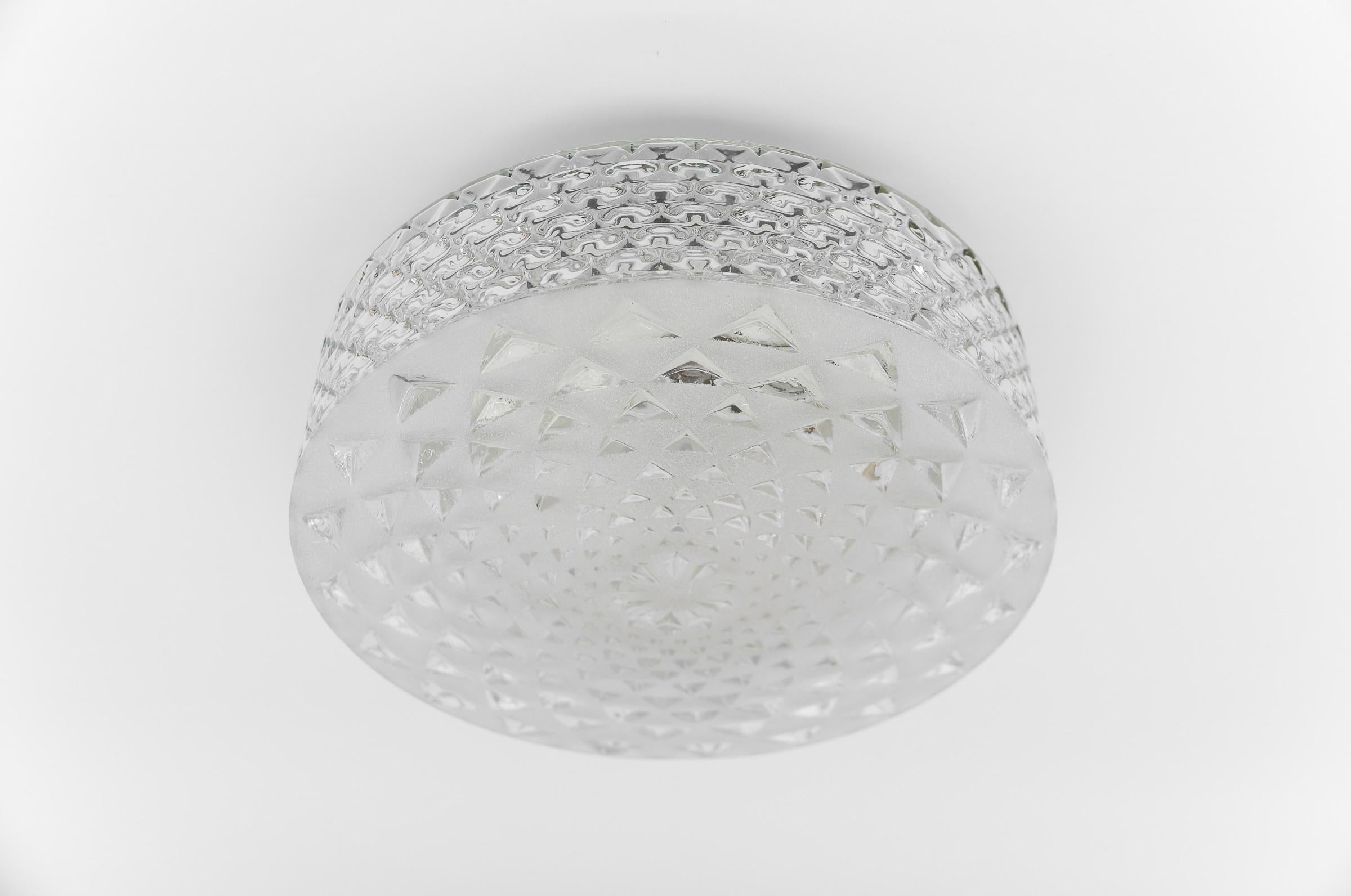 German Round Geometric Satin Glass Flush Mount Light or Wall Lamp, 1960s For Sale