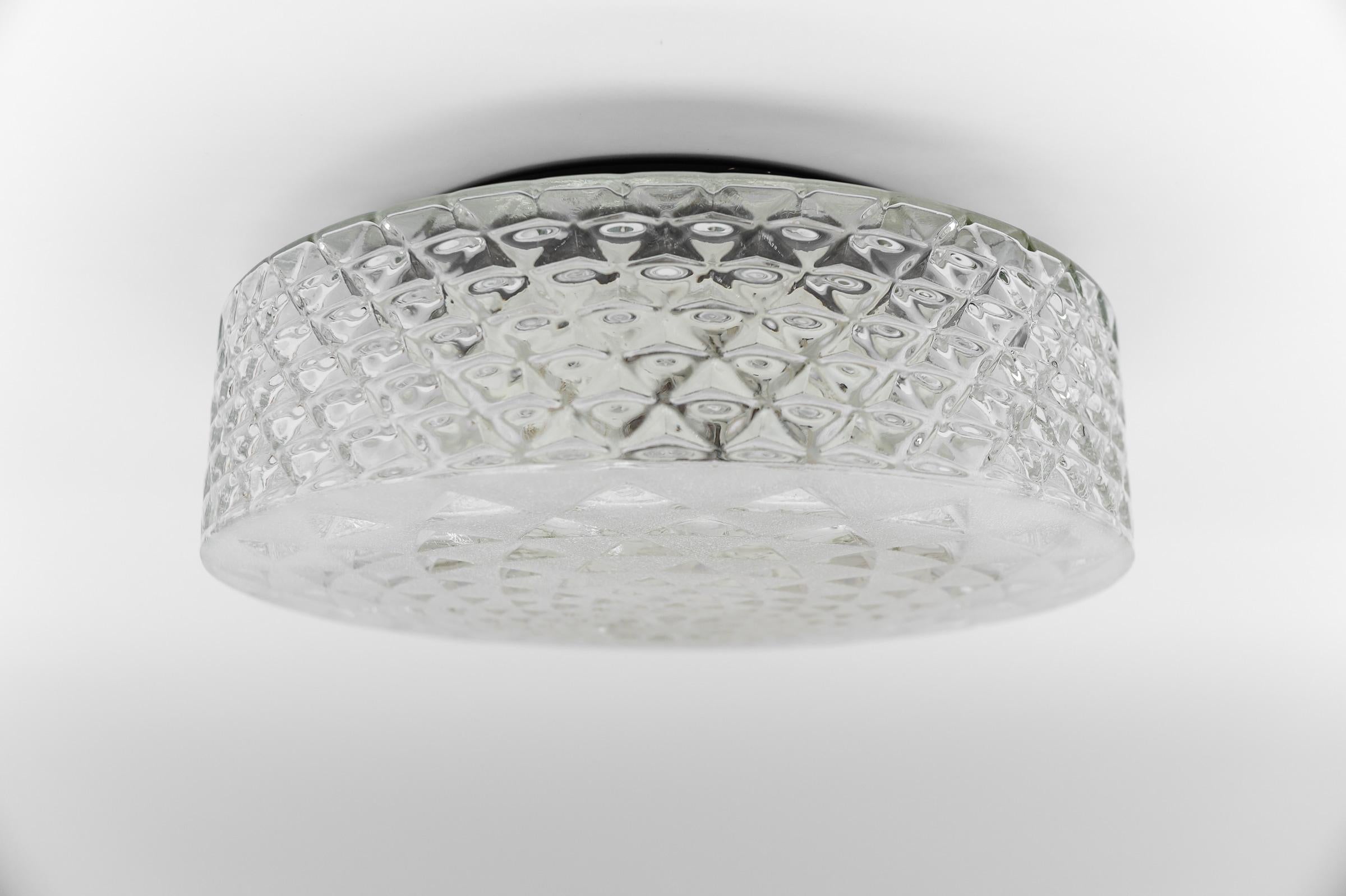 Metal Round Geometric Satin Glass Flush Mount Light or Wall Lamp, 1960s For Sale