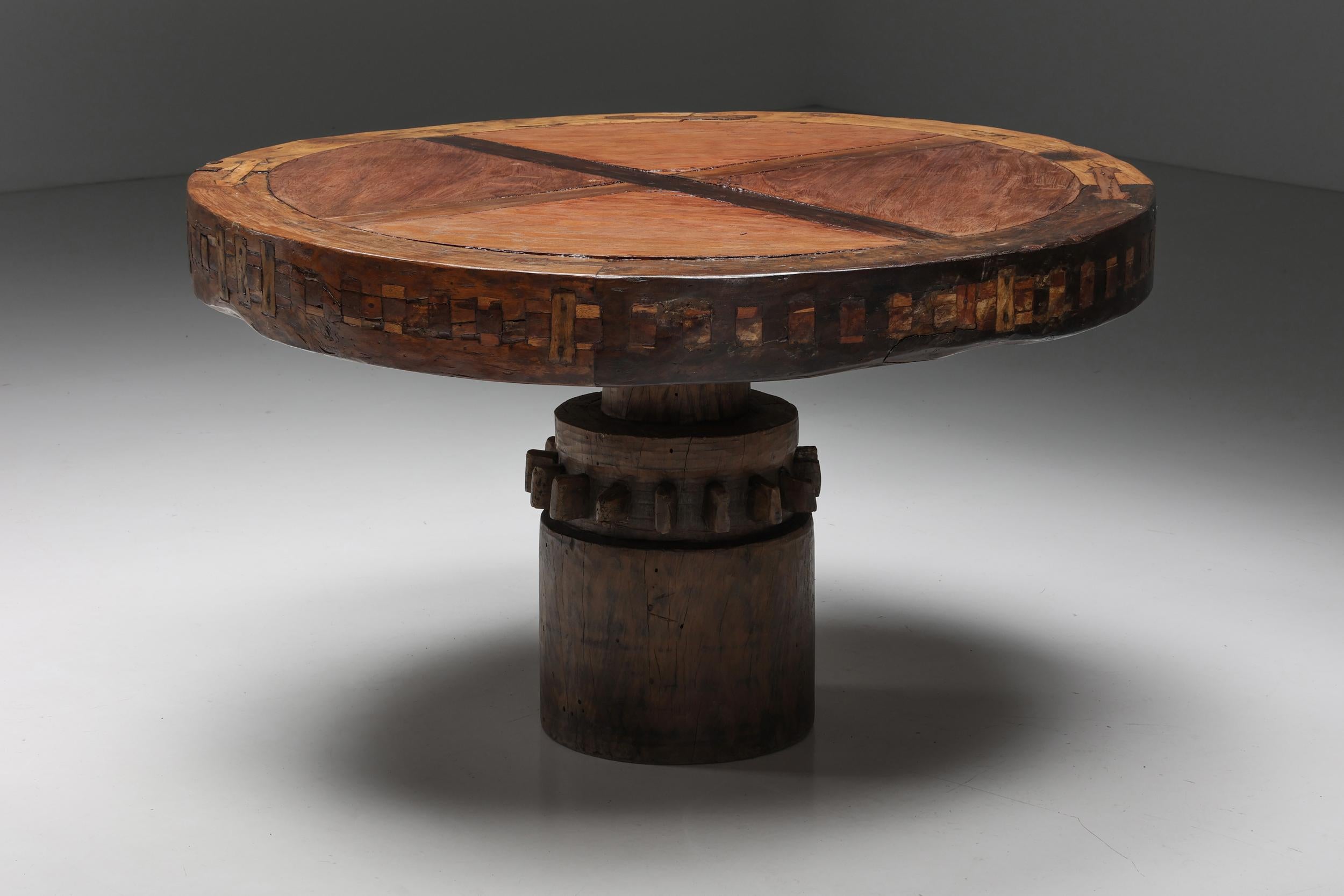 Mid-Century Modern Artisan Round Wooden Dining Table, Wabi-Sabi Inspired, 1950s