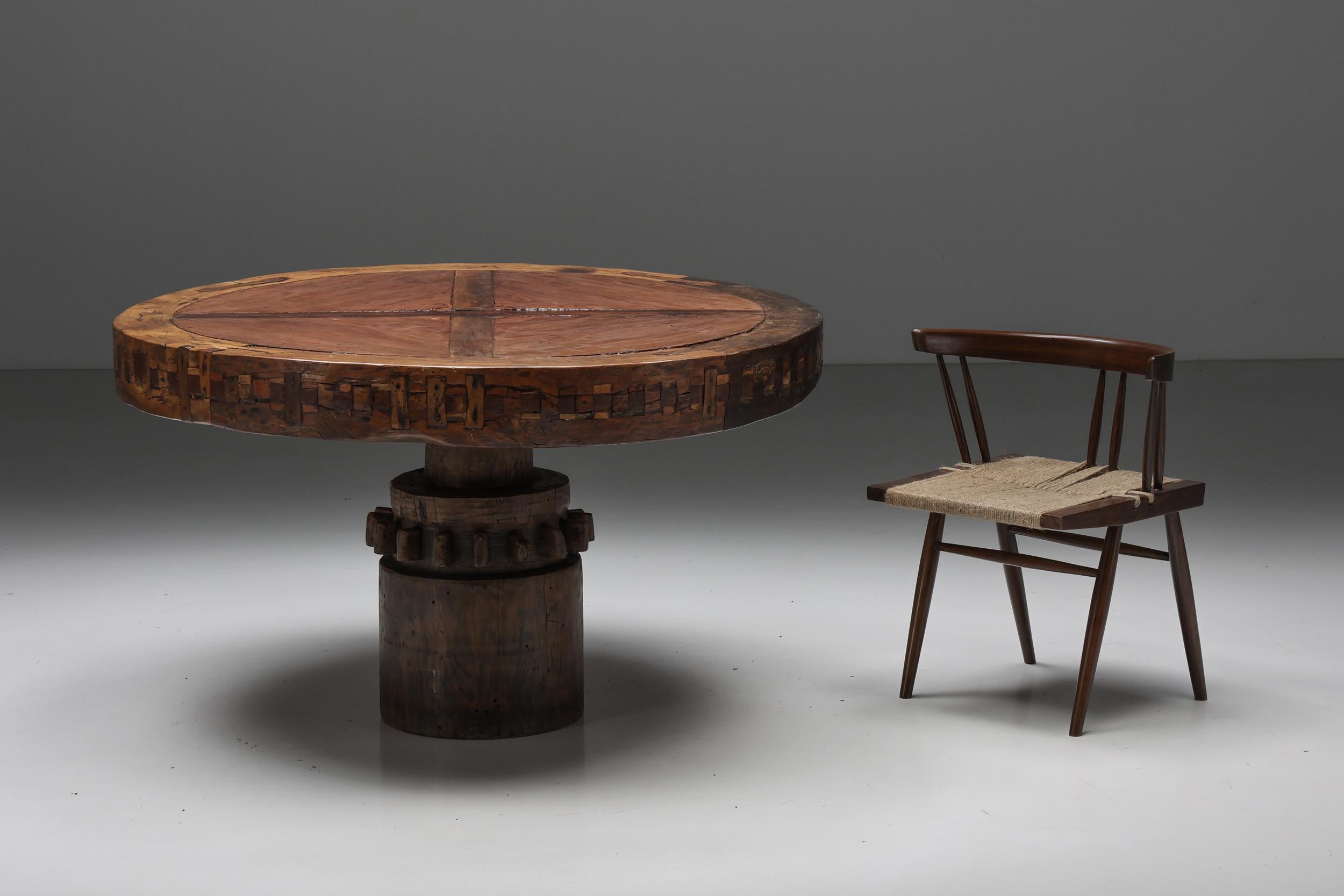 French Artisan Round Wooden Dining Table, Wabi-Sabi Inspired, 1950s
