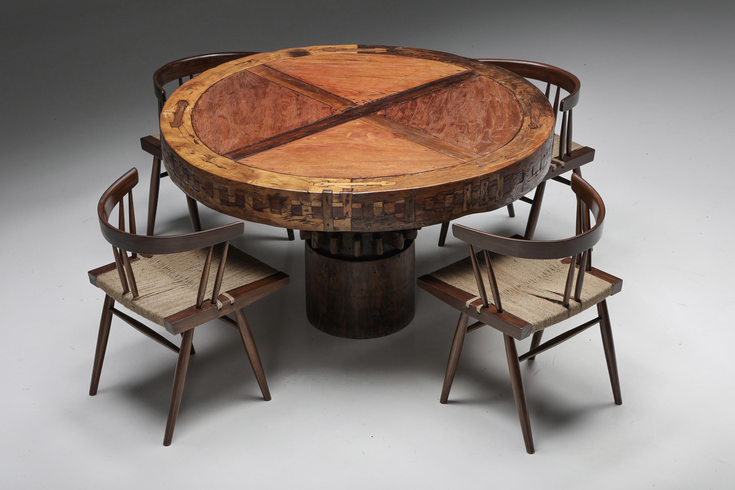 Mid-20th Century Artisan Round Wooden Dining Table, Wabi-Sabi Inspired, 1950s