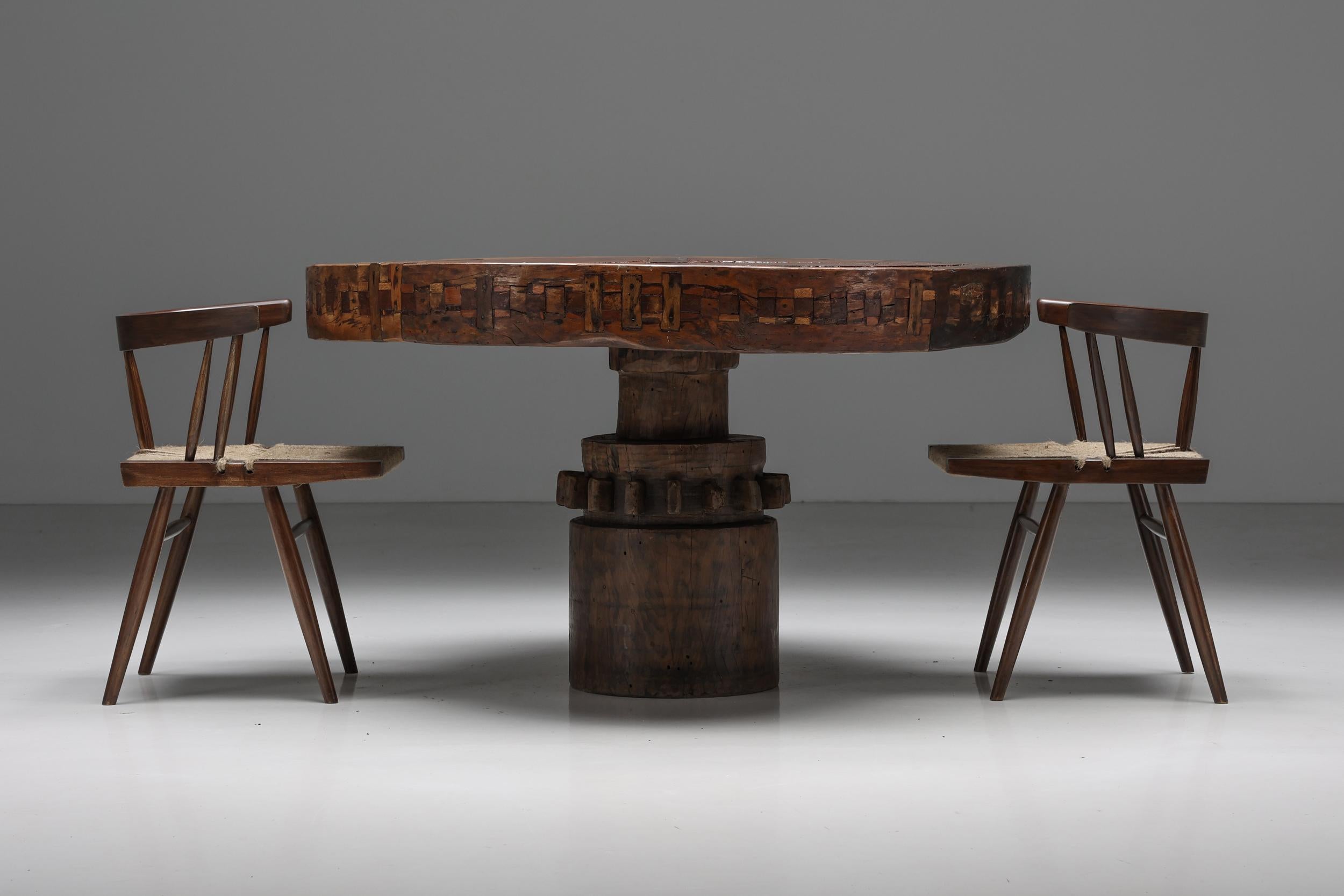 Artisan Round Wooden Dining Table, Wabi-Sabi Inspired, 1950s 1