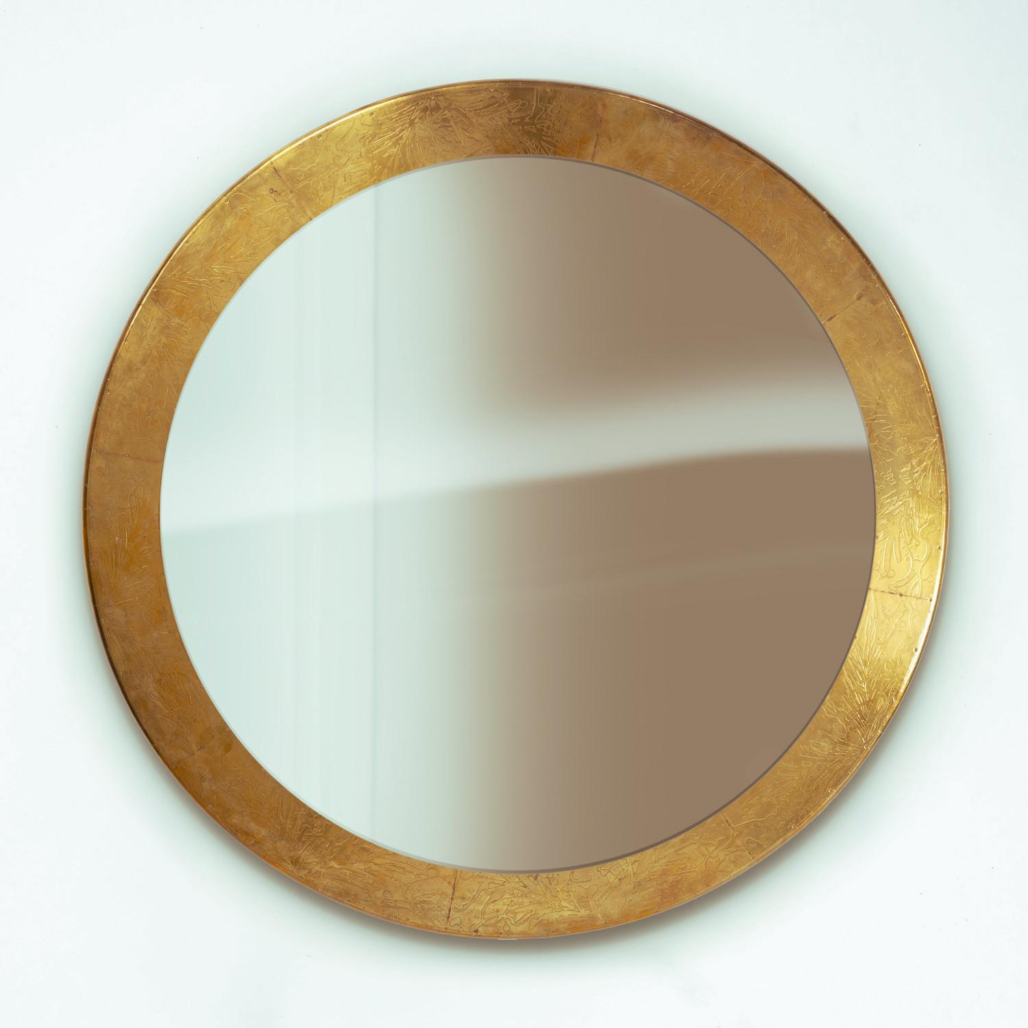 Spagnolo Specchio da parete rotondo in ottone di Gony Nava, stile Rodolfo Dubarry, 130 cm. in vendita