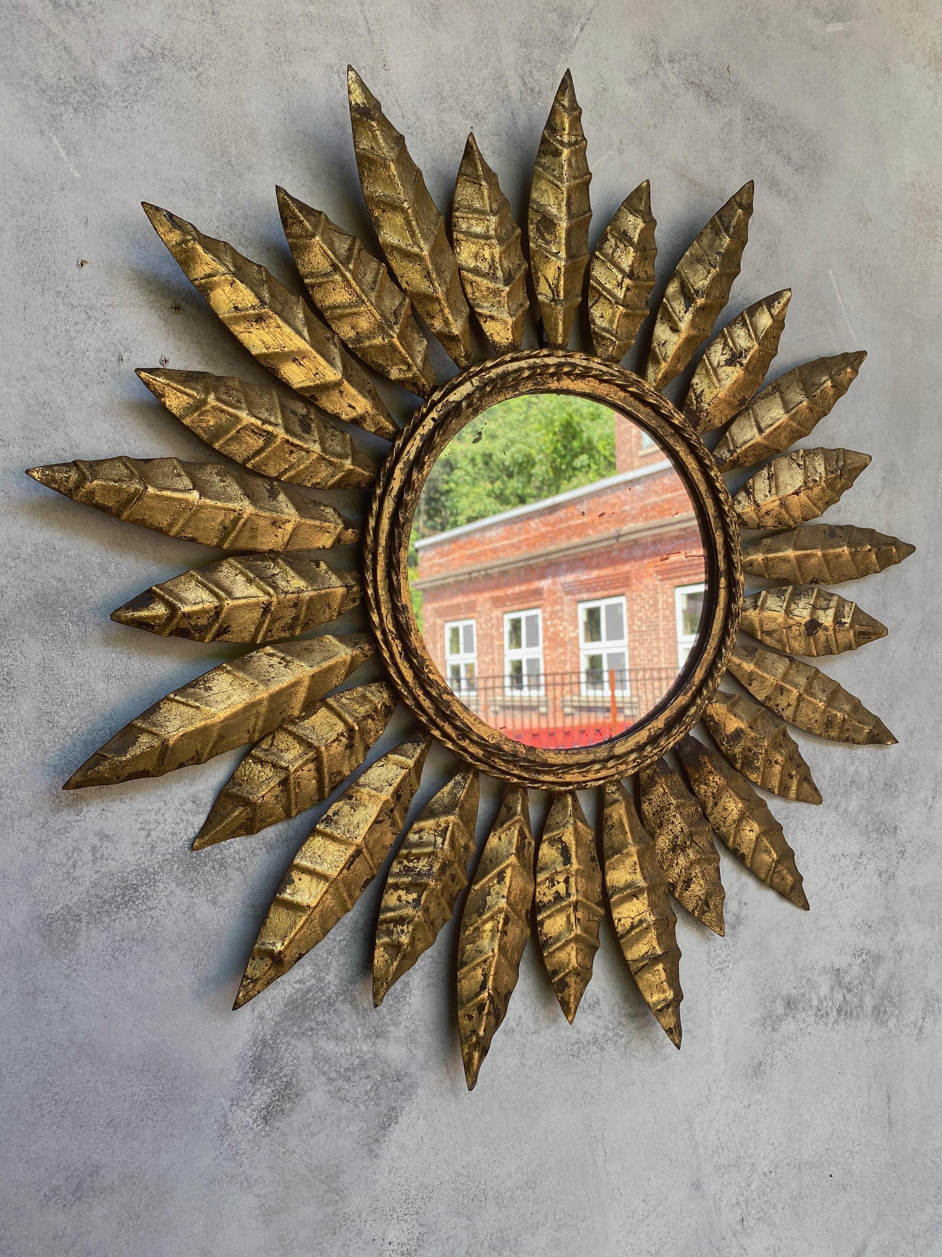 Small Spanish Gilt Metal Sunburst Mirror with Pointed Alternating Leaves  4