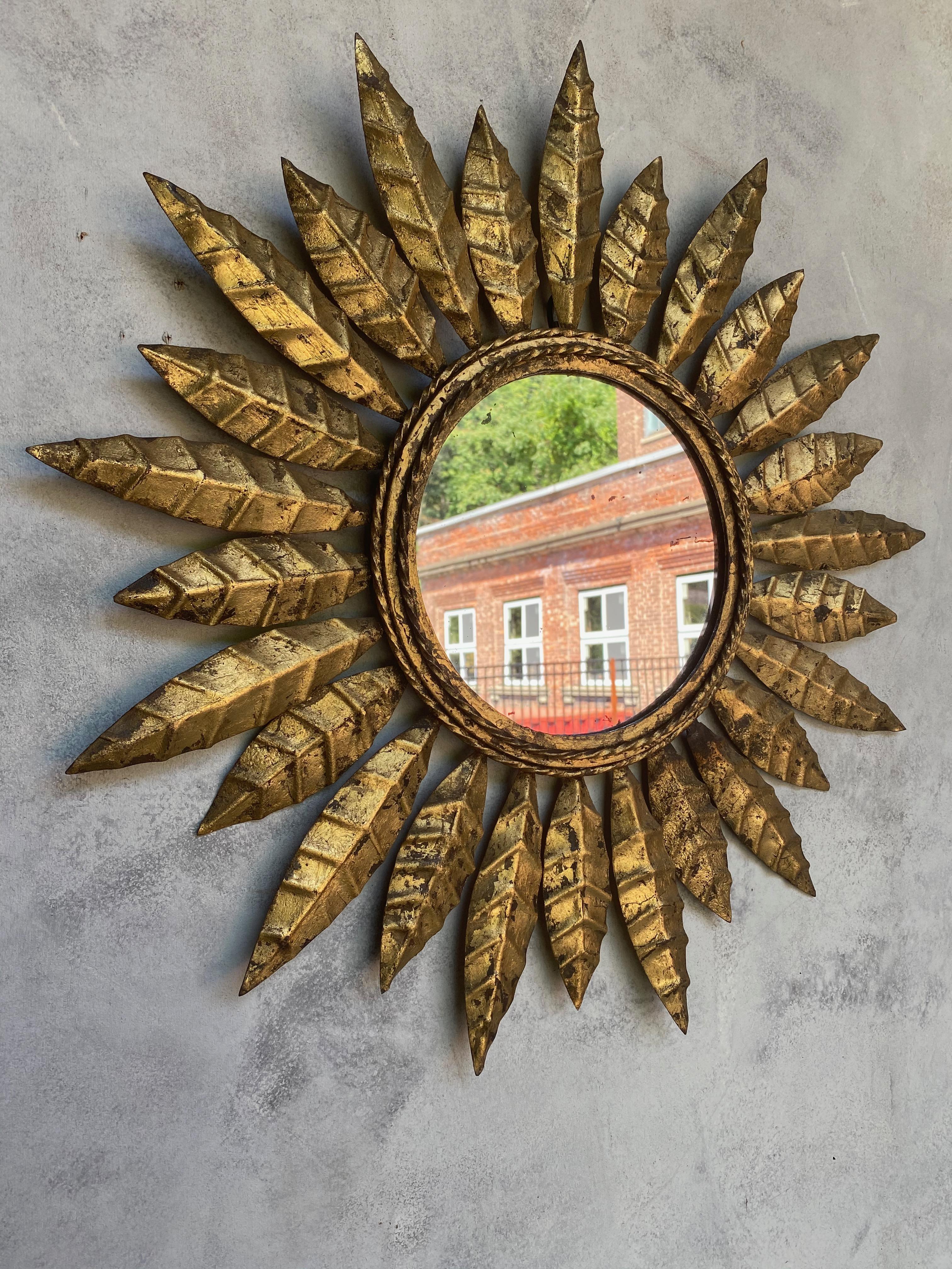 Art Nouveau Small Spanish Gilt Metal Sunburst Mirror with Pointed Alternating Leaves 