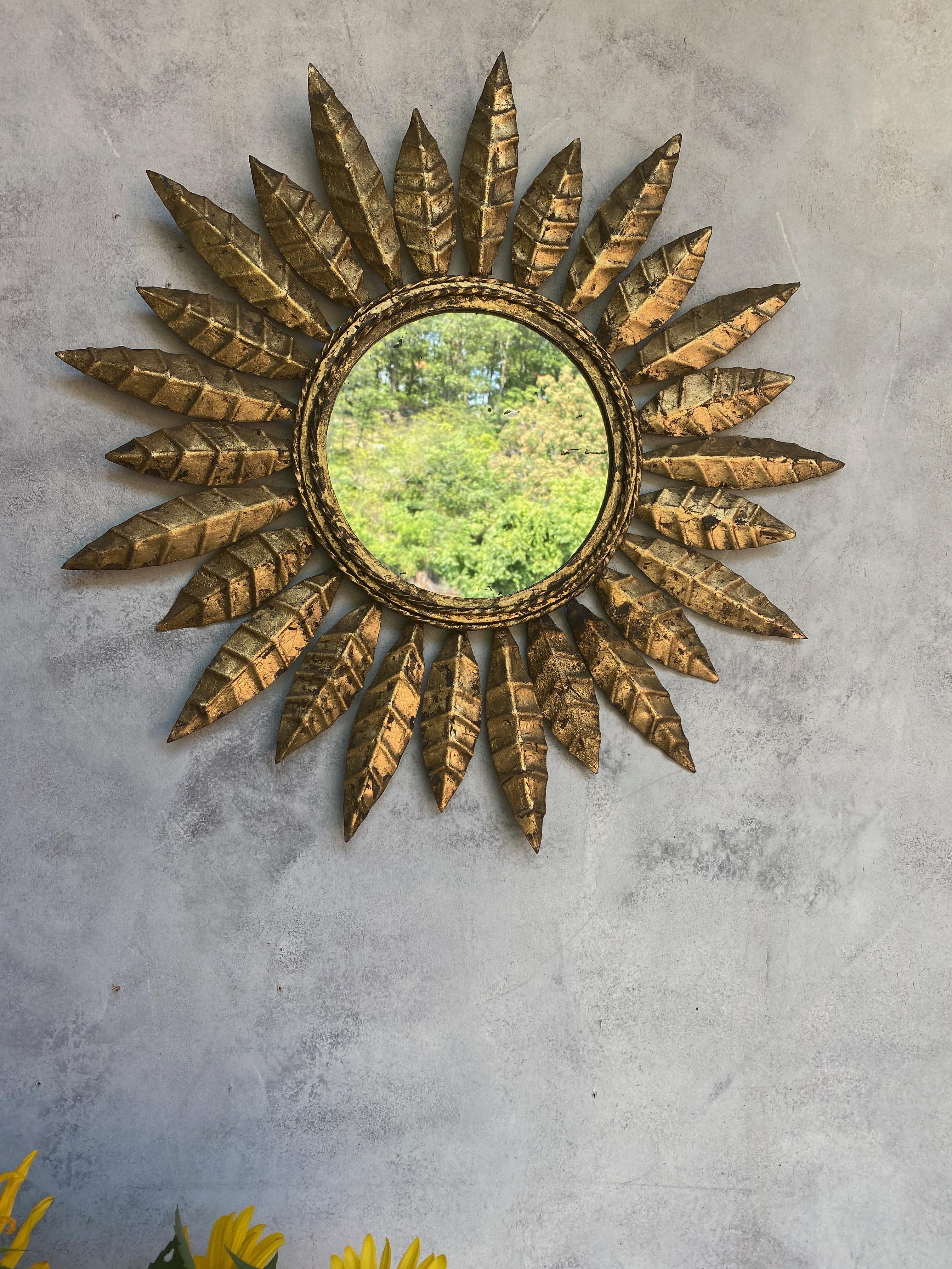 Small Spanish Gilt Metal Sunburst Mirror with Pointed Alternating Leaves 2
