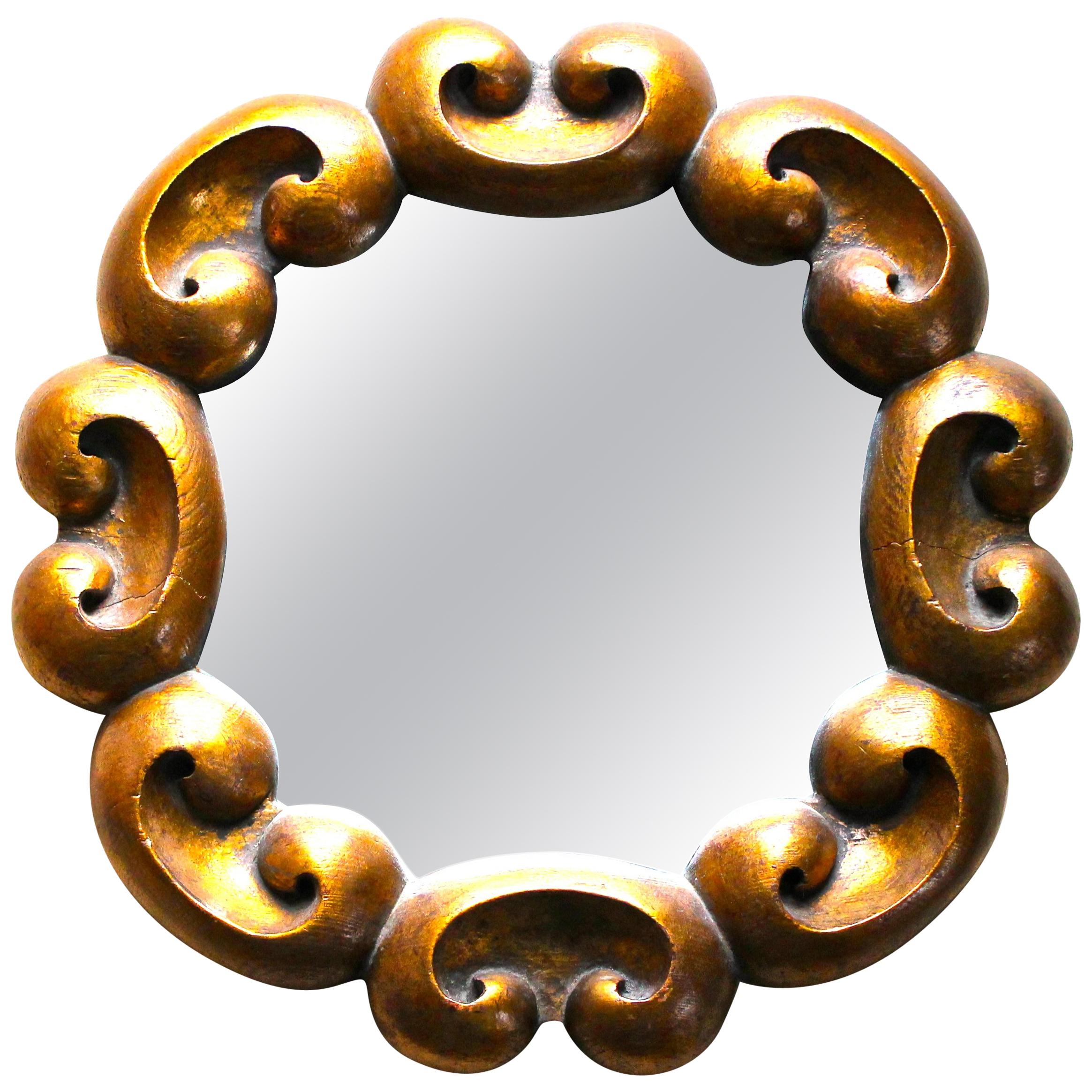Round Gilt Wood Mirror Italian, 1940s