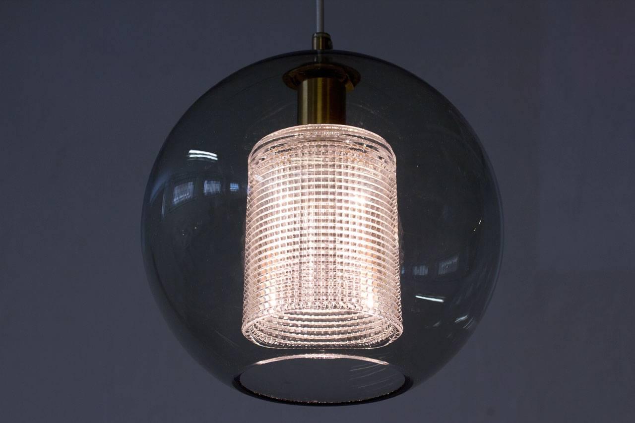 Round Glass and Brass Pendant Lamp by Carl Fagerlund for Orrefors, Sweden, 1960s 4