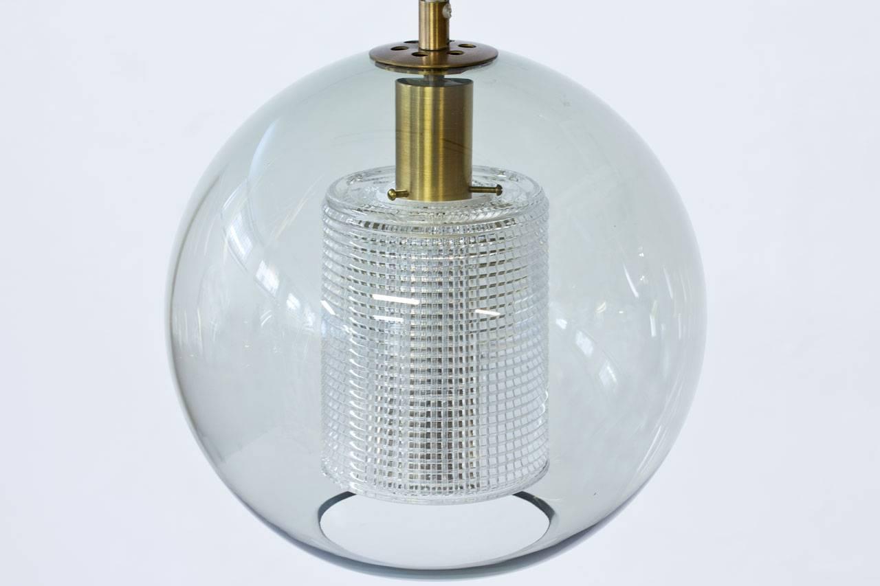 Swedish Round Glass and Brass Pendant Lamp by Carl Fagerlund for Orrefors, Sweden, 1960s