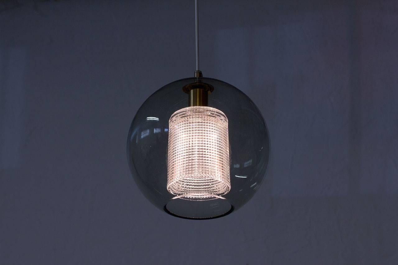 Round Glass and Brass Pendant Lamp by Carl Fagerlund for Orrefors, Sweden, 1960s 1