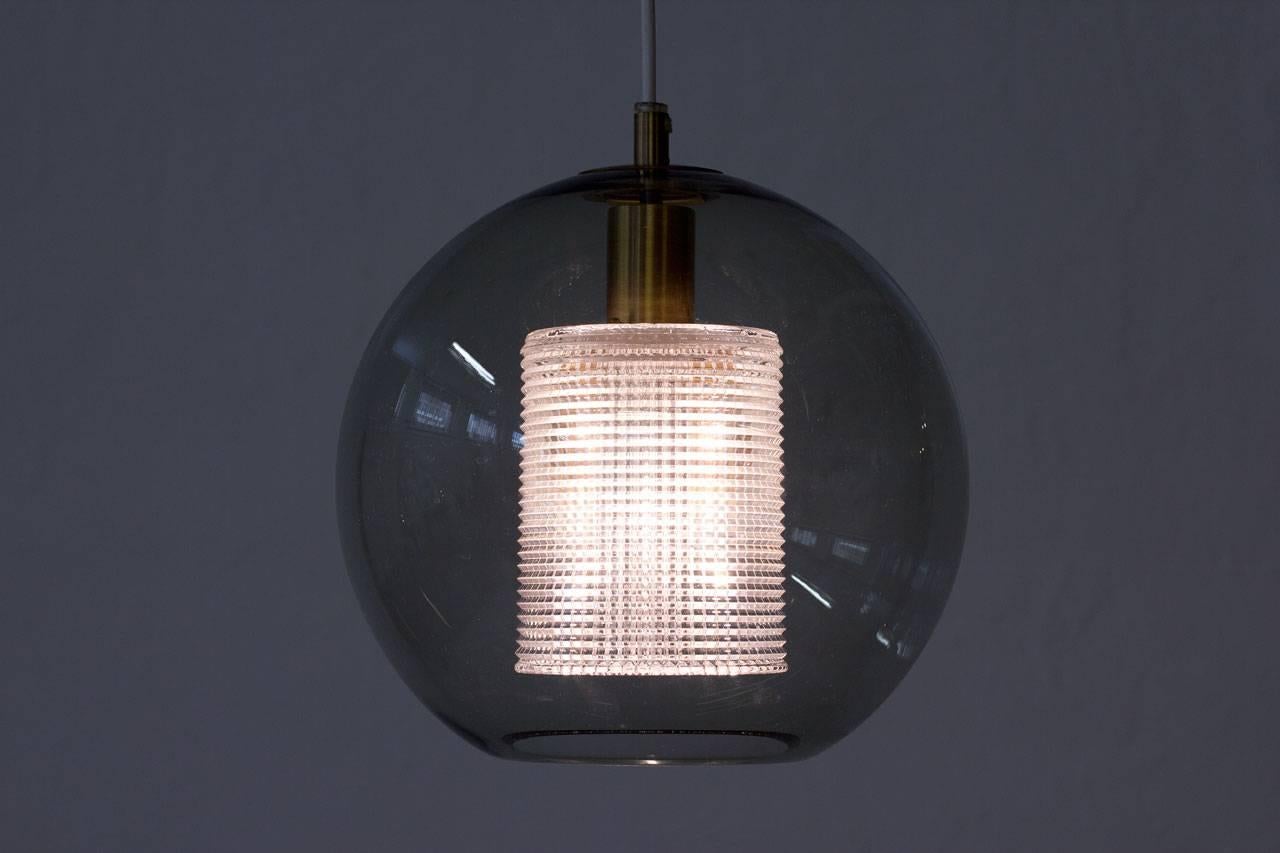 Round Glass and Brass Pendant Lamp by Carl Fagerlund for Orrefors, Sweden, 1960s 2
