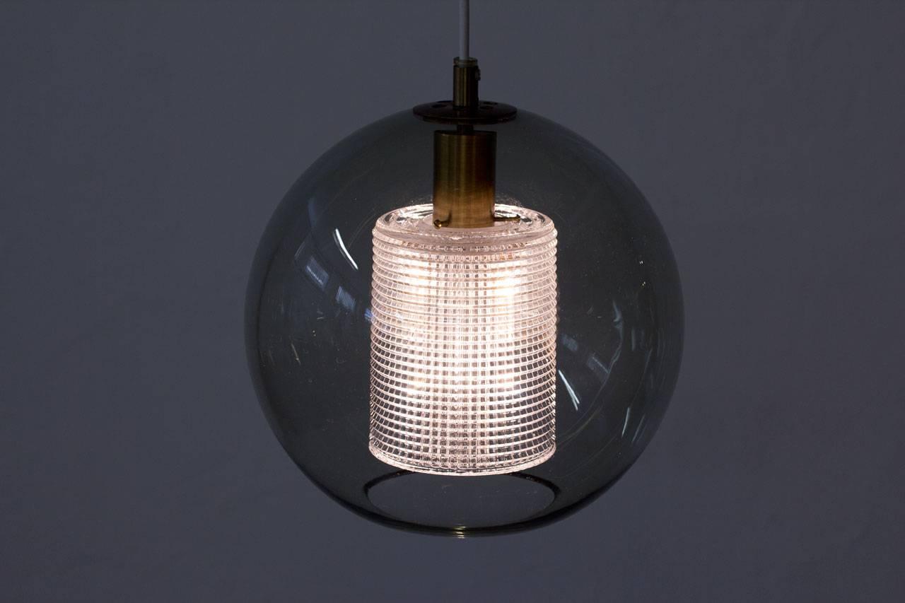 Round Glass and Brass Pendant Lamp by Carl Fagerlund for Orrefors, Sweden, 1960s 3