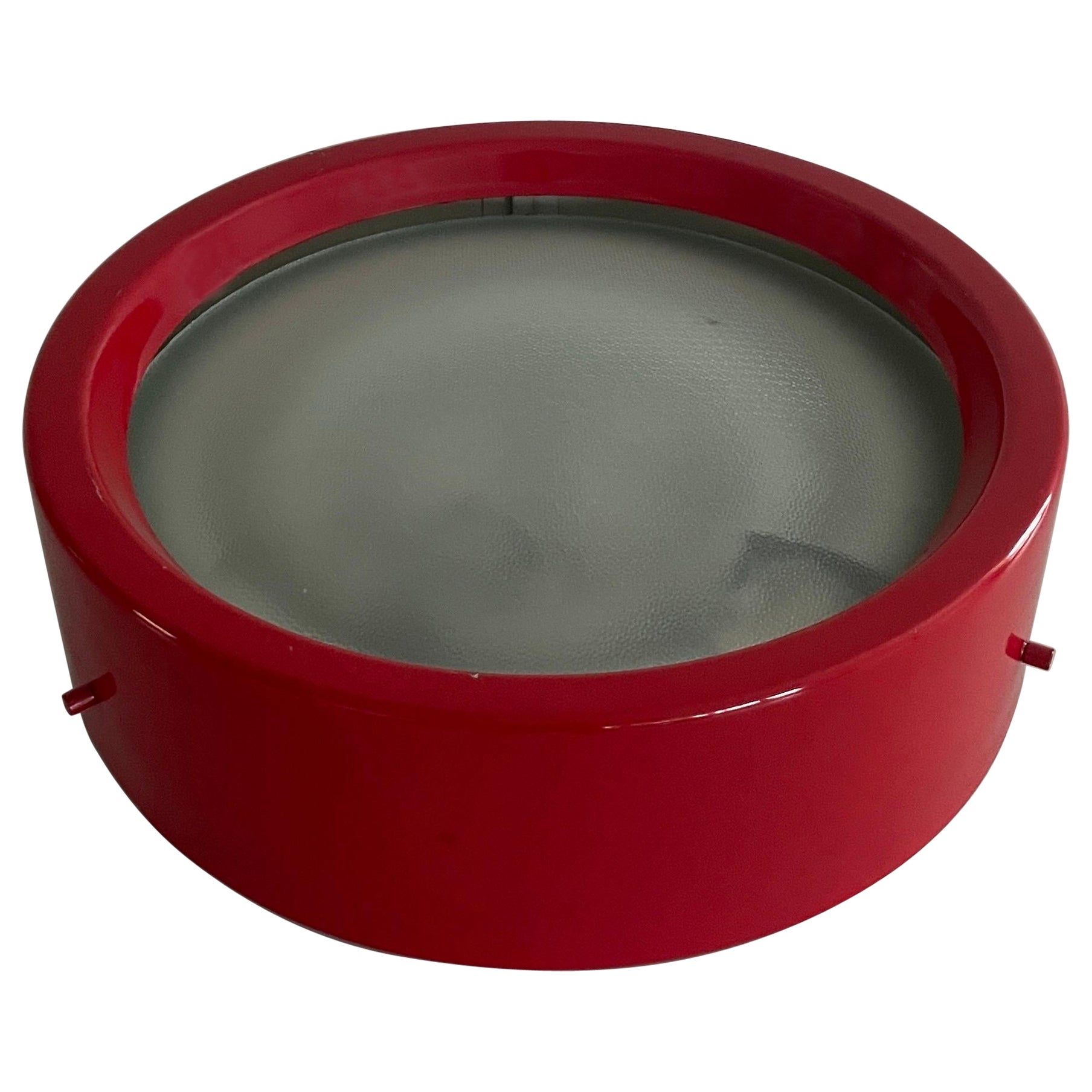 Round Glass and Red Metal Flush Mount Ceiling Light, 1960s, Italy en venta