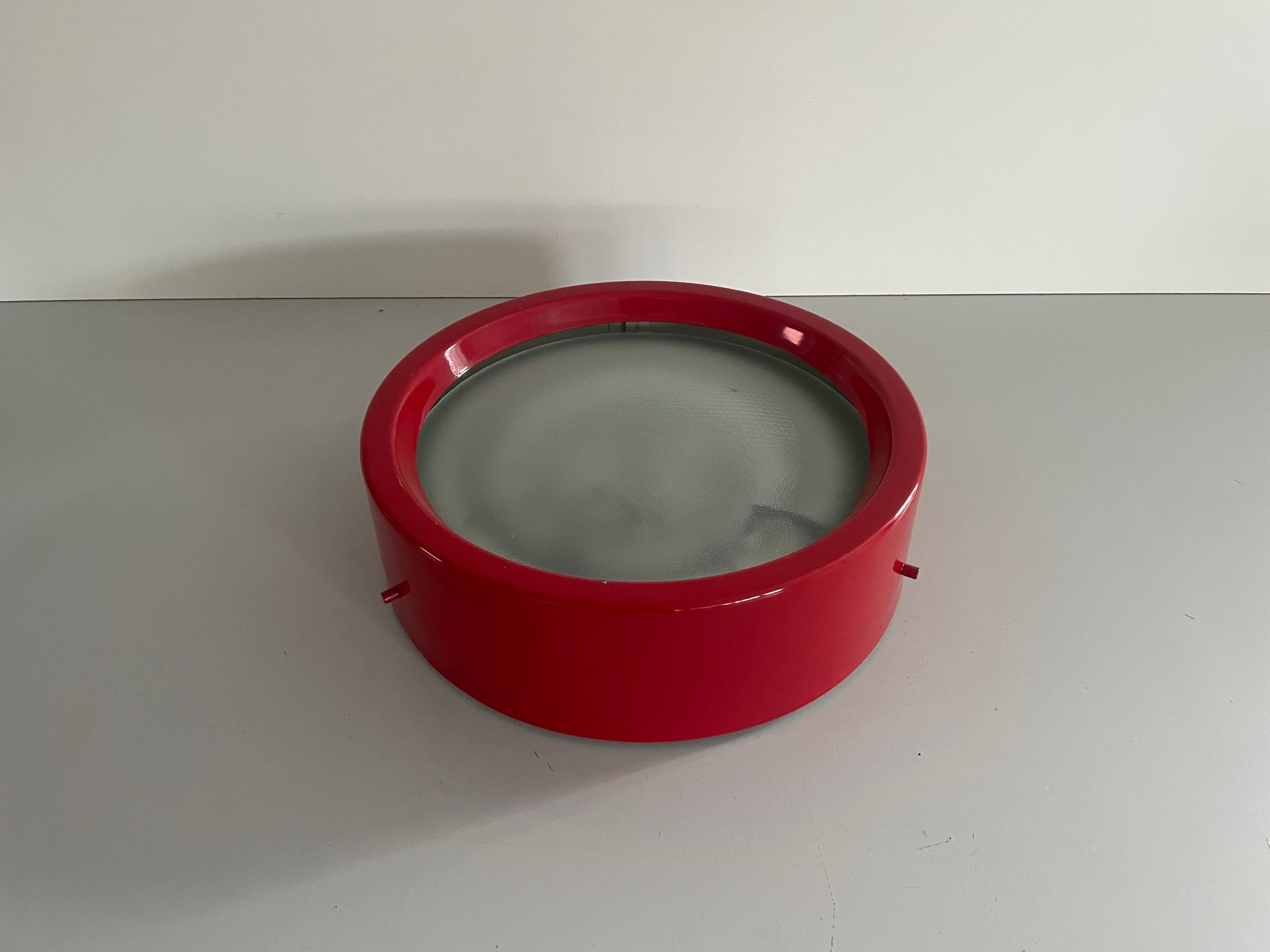 Round Glass and Red Metal Flush Mount Ceiling Light, 1960s, Italy