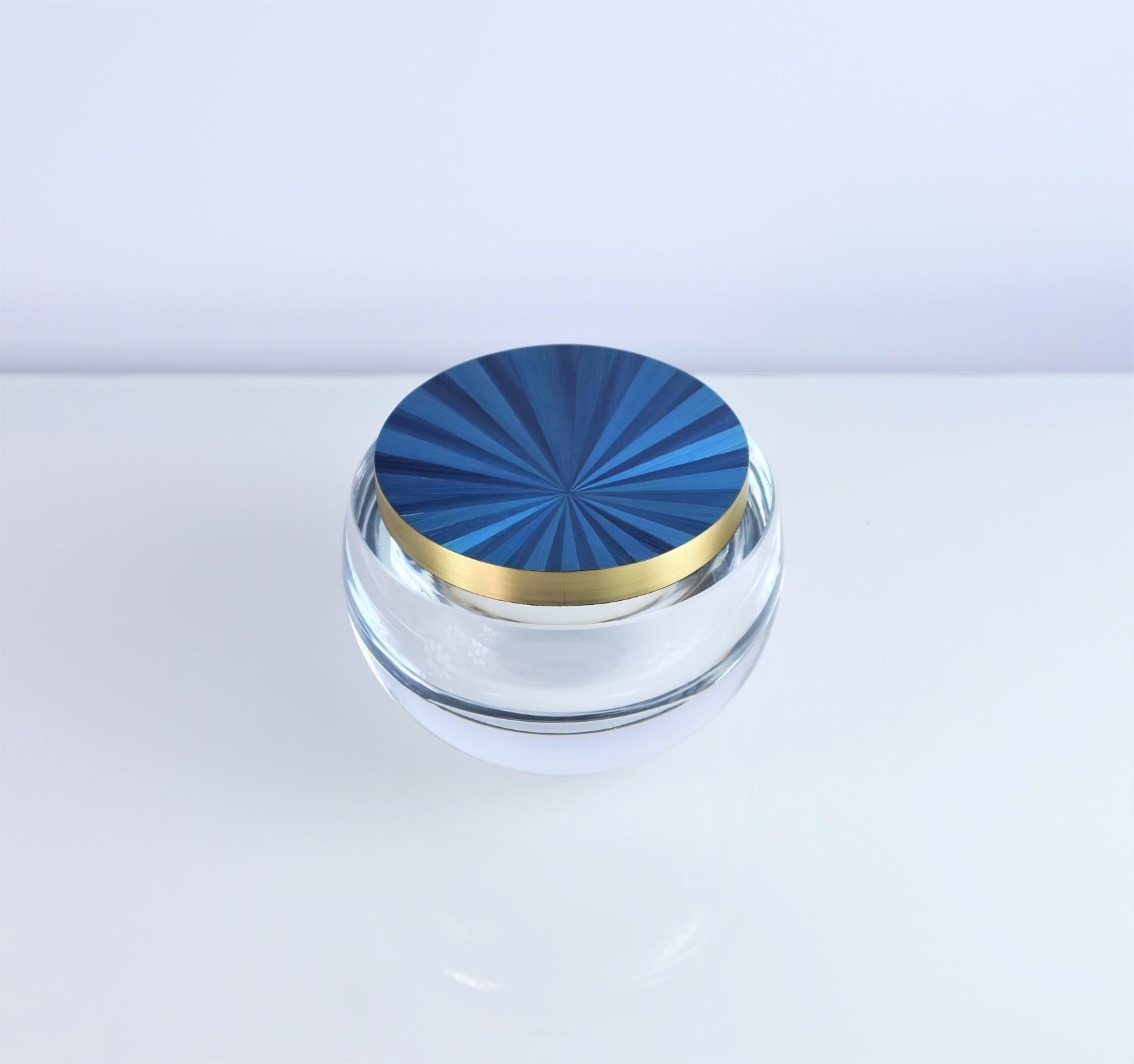 Art Deco Round Glass Box with a Blue Straw Marquetry and Brass Lid by Ginger Brown For Sale