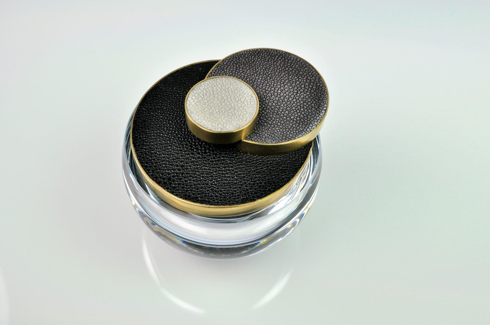 Art Deco Round Glass Box with a Shagreen and Brass Lid by Ginger Brown