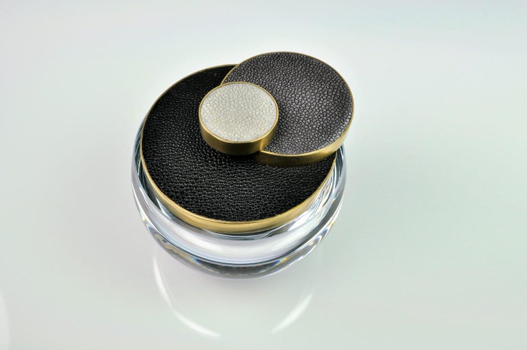 Art Deco Round Glass Box with a Shagreen and Brass Lid by Ginger Brown For Sale