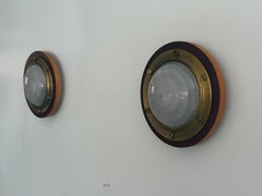 Round Glass Brass and Wood Base Pair of Ship Wall Lamps, 1960s, Italy