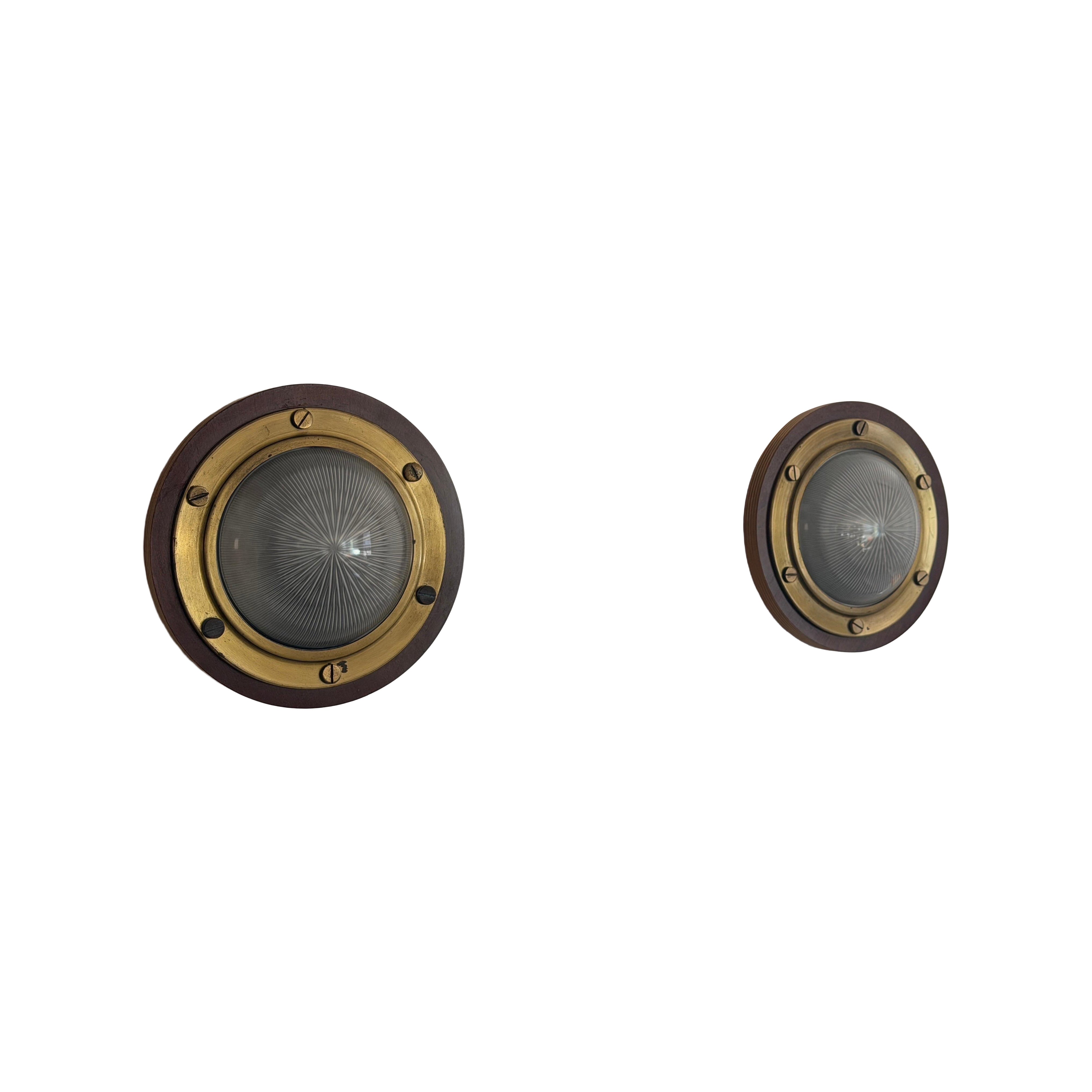Round Glass Brass and Wood Base Pair of Ship Wall Lamps, 1960s, Italy