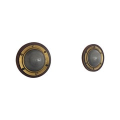 Round Glass Brass and Wood Base Pair of Ship Wall Lamps, 1960s, Italy