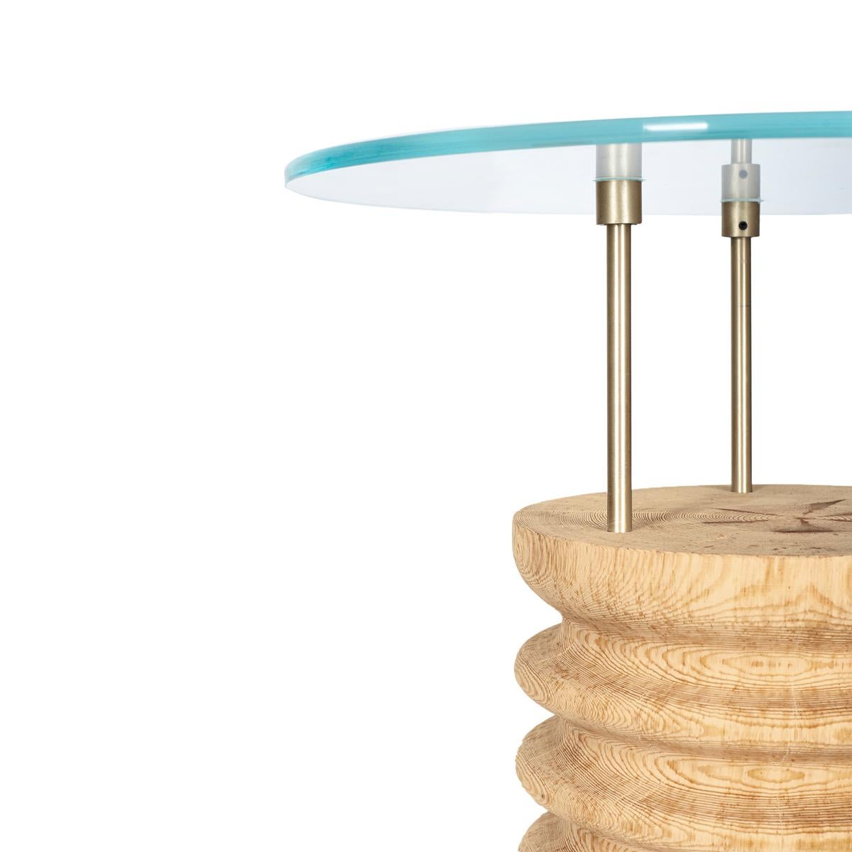 Modern Round Glass & Cedar Short Side Table – SOFRA For Sale