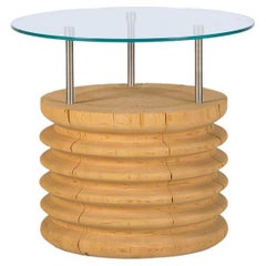 Mesa auxiliar corta redonda de cristal y cedro - SOFRA