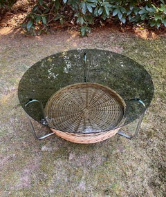 Round Glass Coffee Table with Wicker Magzine Rack, 1960s