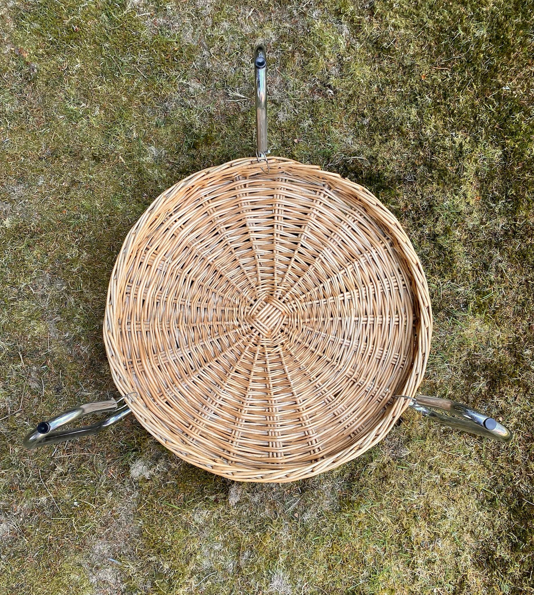 European Round Glass Coffee Table with Wicker Magzine Rack, 1960s For Sale