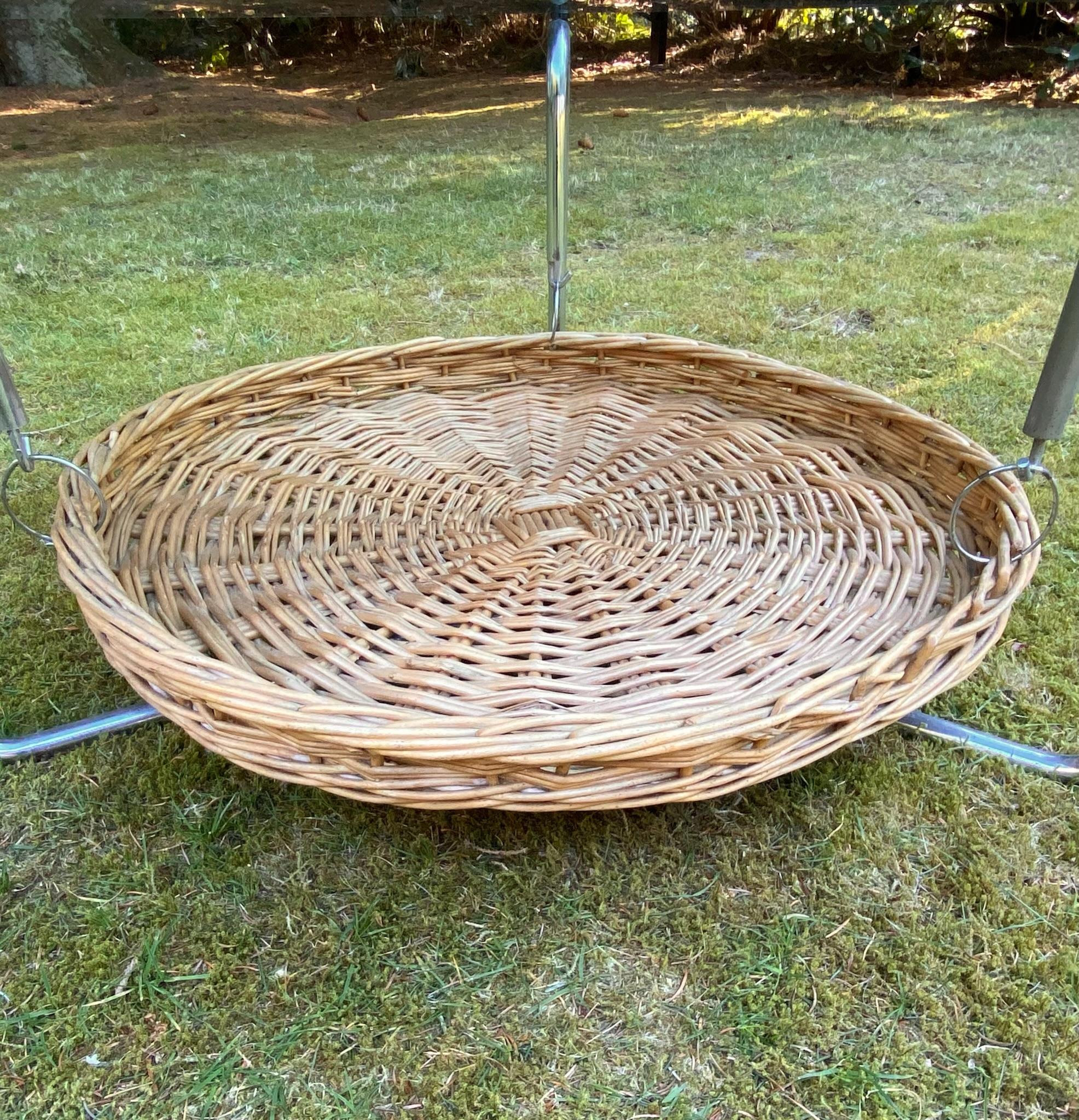 Hand-Woven Round Glass Coffee Table with Wicker Magzine Rack, 1960s For Sale